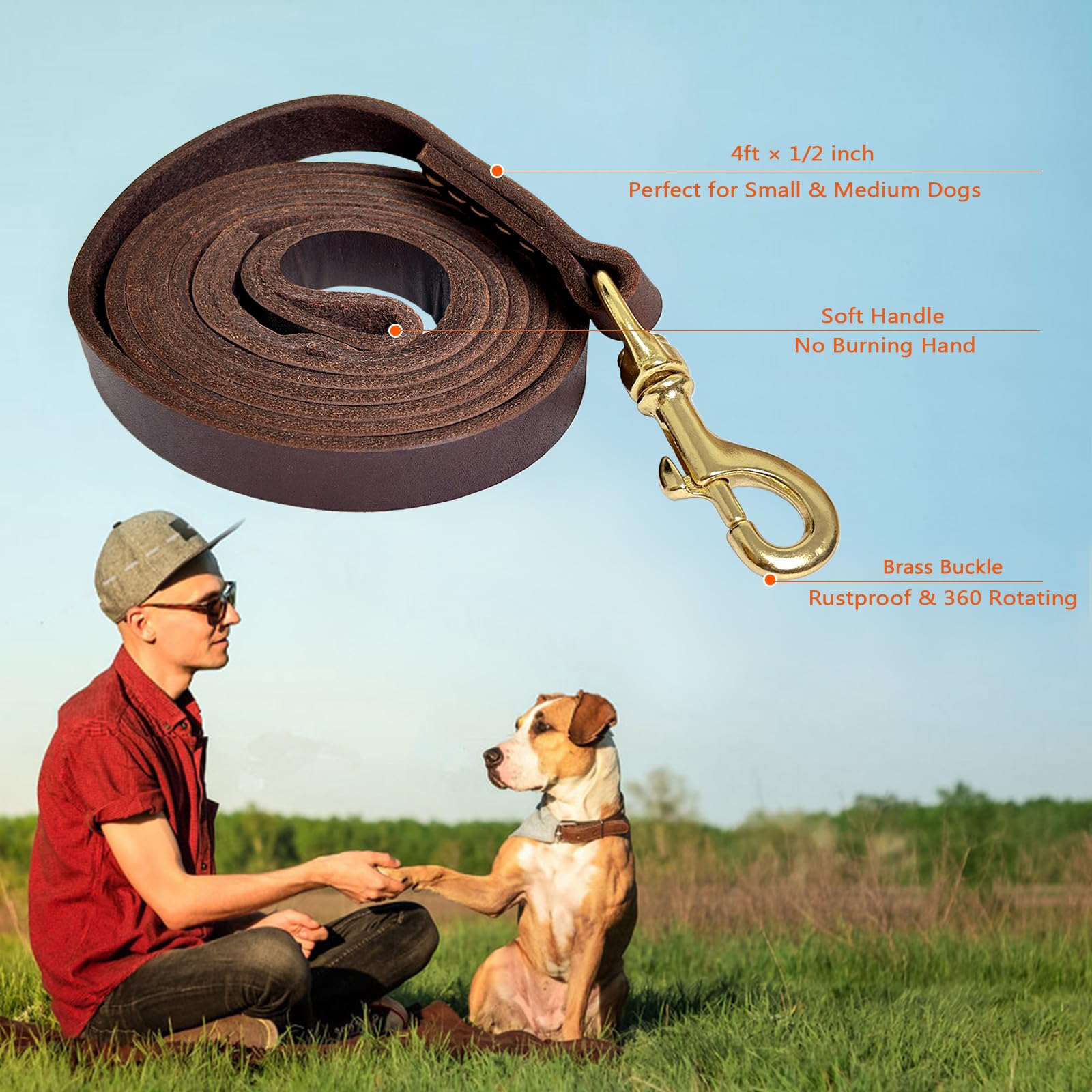 Guiding Star Leather Dog Leash 4Ft, Dog Leashes For Large Dogs Heavy Duty, Soft Handmade Leather Training Leash For Small & Medi