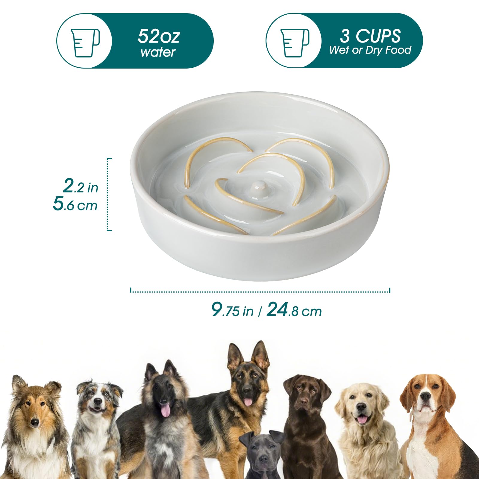 vancasso Slow Feeder Dog Bowl, 3 Cups Ceramic Slow Feeder for Large Breed, Puzzle Maze Dog Food Bowl for Fast Eater, Light Gray