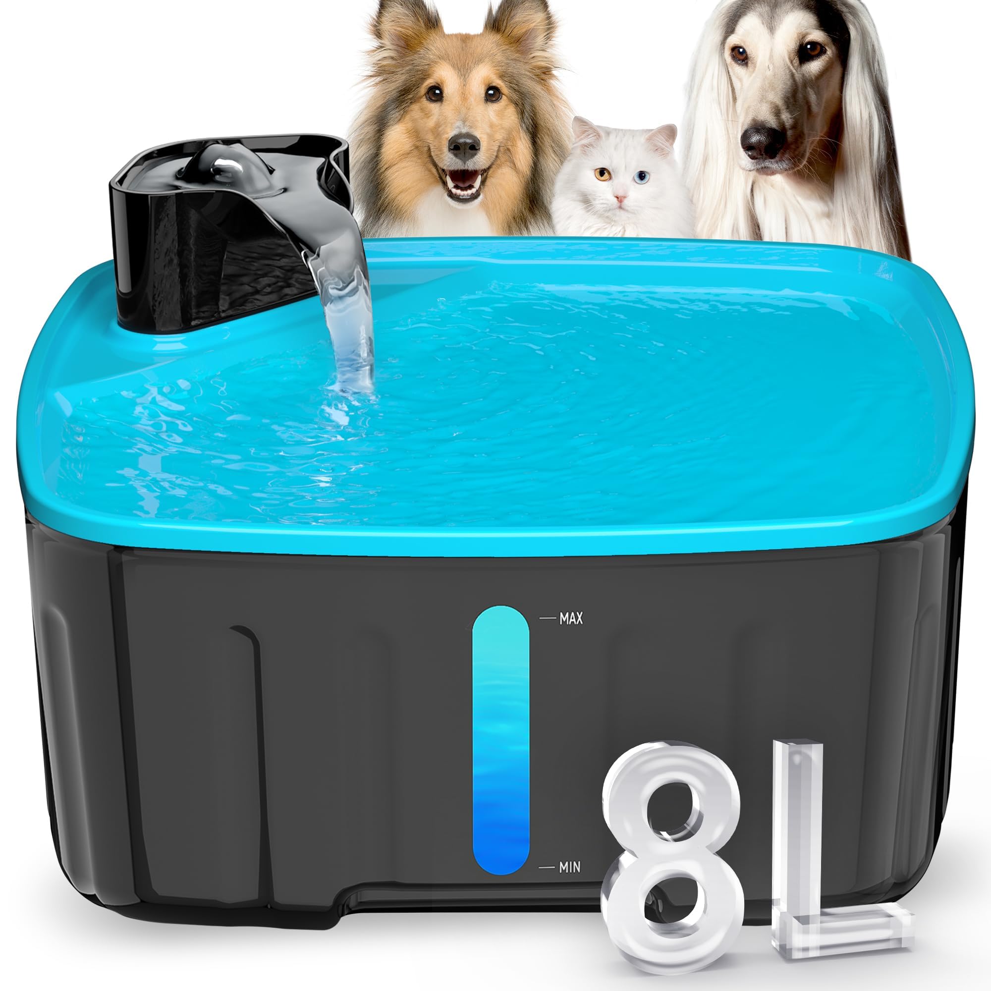 Hicuper Large Dog Water Fountain - 2.1GAL/8L/270oz Bowl with Water Level Window, LED Reminder, Quiet Pump for Multiple Dogs