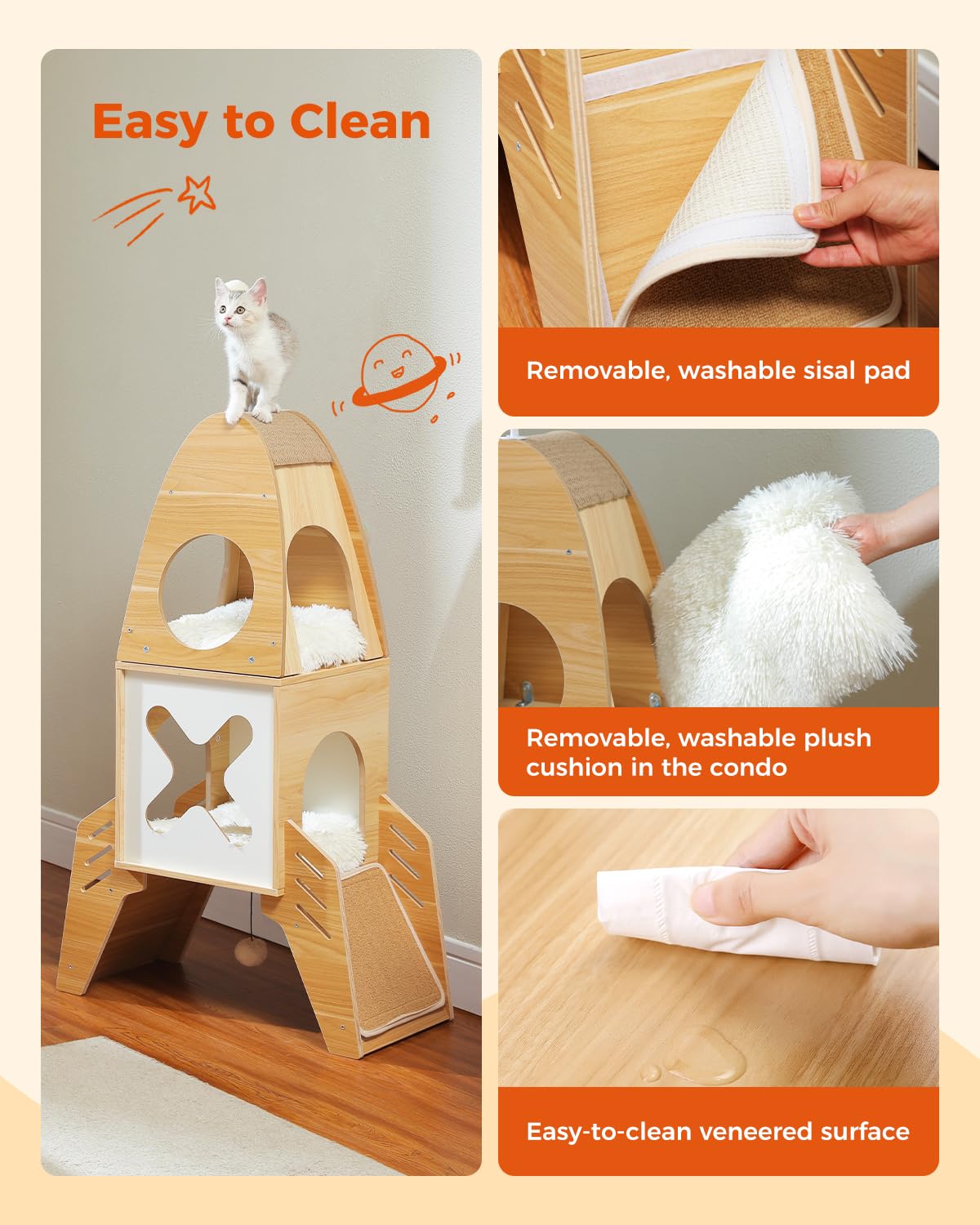 Muttros Modern Cat Tree Rocket Ship, Wood Cat Tower For Indoor Cats, 47' Multilevel Wooden Cat Furniture With 2 Condos, Danglin
