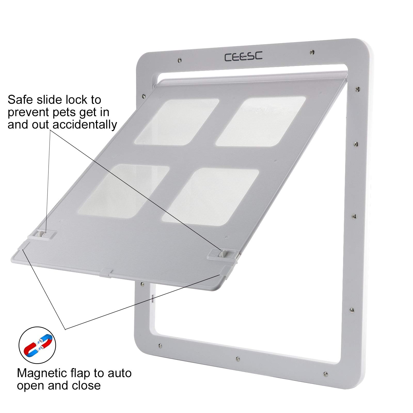 Ceesc Dog Screen Door (Outer Size 14.56' X 16.92'), Lockable Pet Screen Door For Dogs & Doggie, Doggie Door For Screen Door(Large, White)