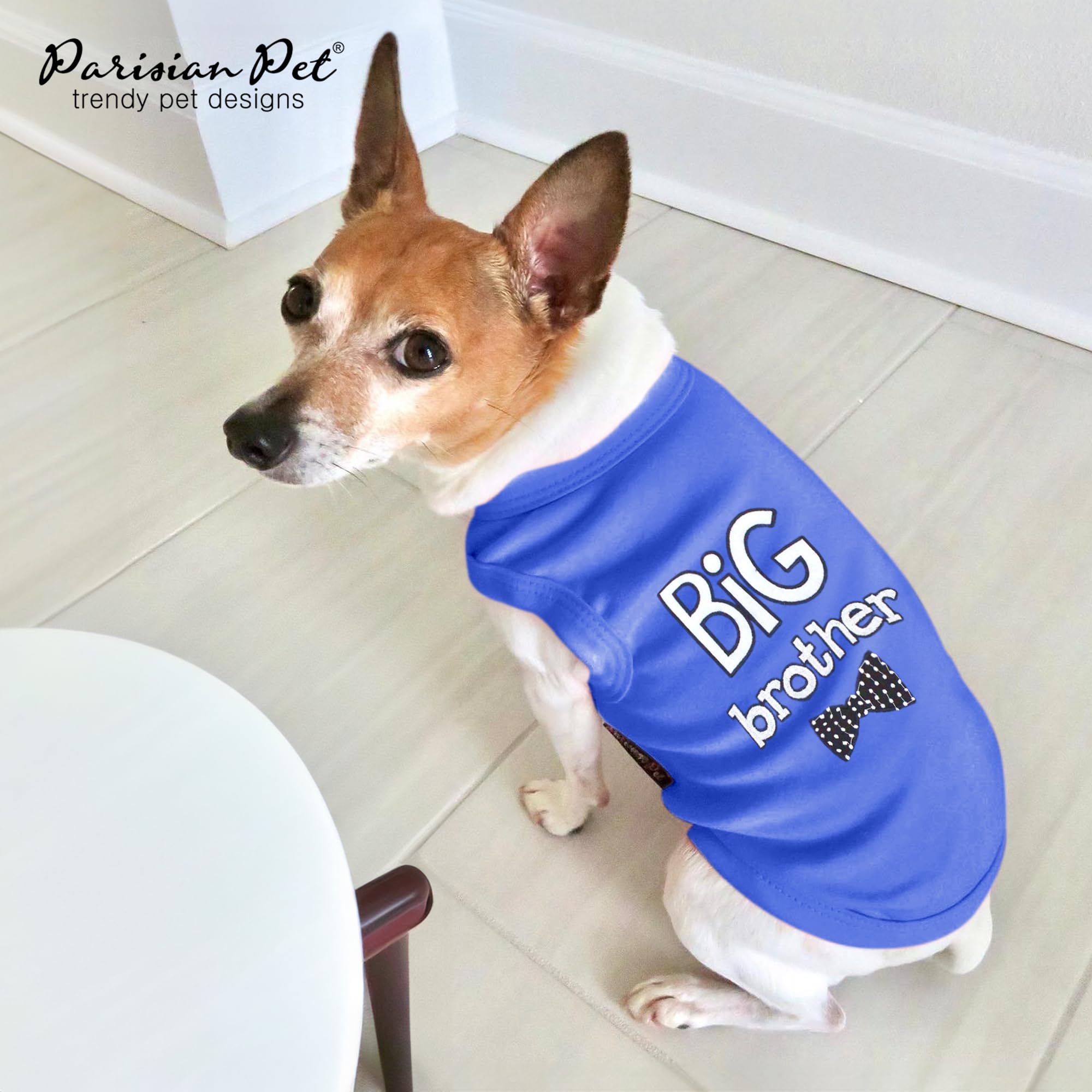 Parisian Pet Dog T-Shirt With Embroidered ' Big Brother ' Words - 100% Cotton, Big Brother Dog Shirt - Sleeveless Pet Vest - Machine Washable Blue Dog Shirt For Large Dogs, L