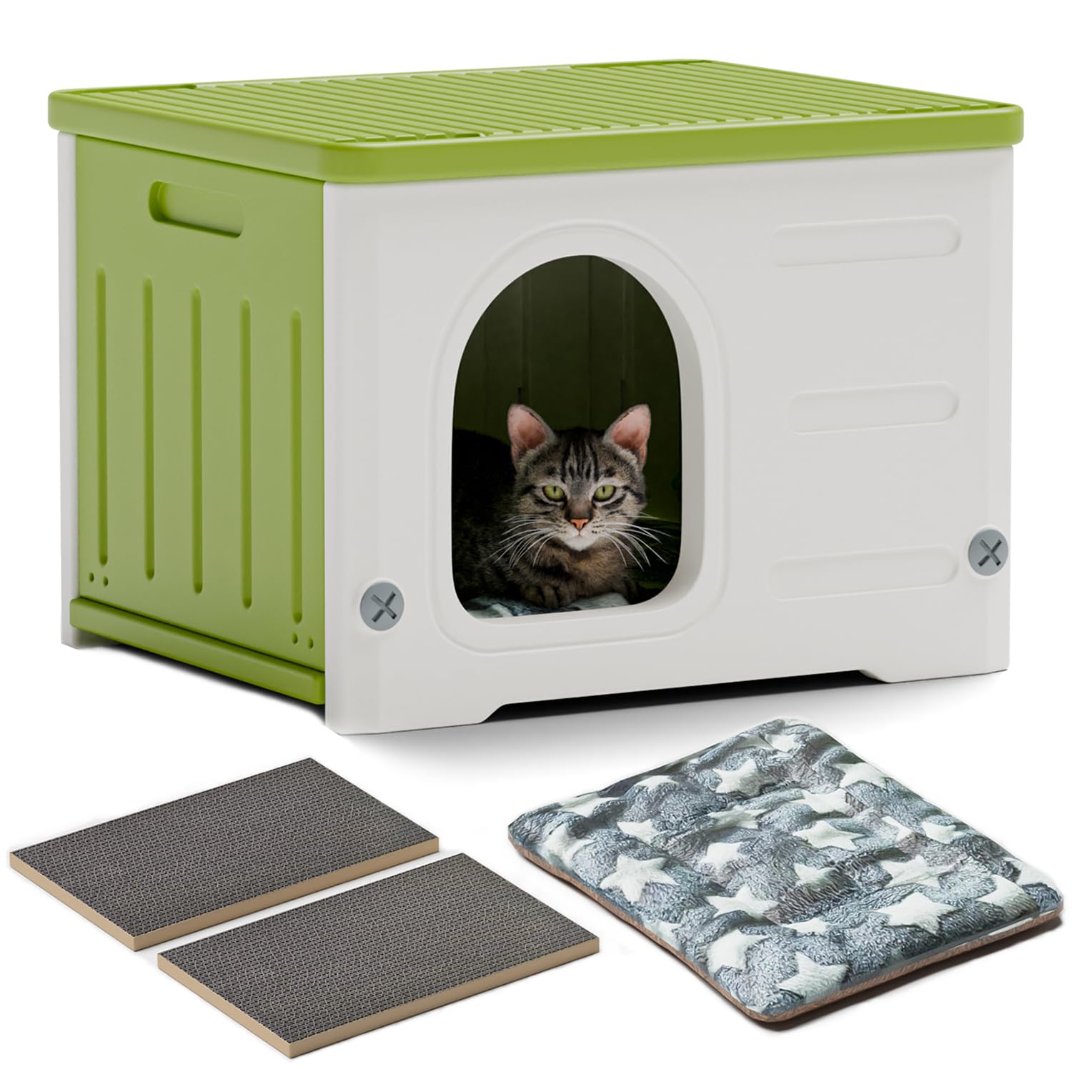 Plastic Cat House for Outdoor Indoor Use, Stackable Feral Cat Shelter Indoor Cat House Weatherproof Waterproof Elevated (Green)