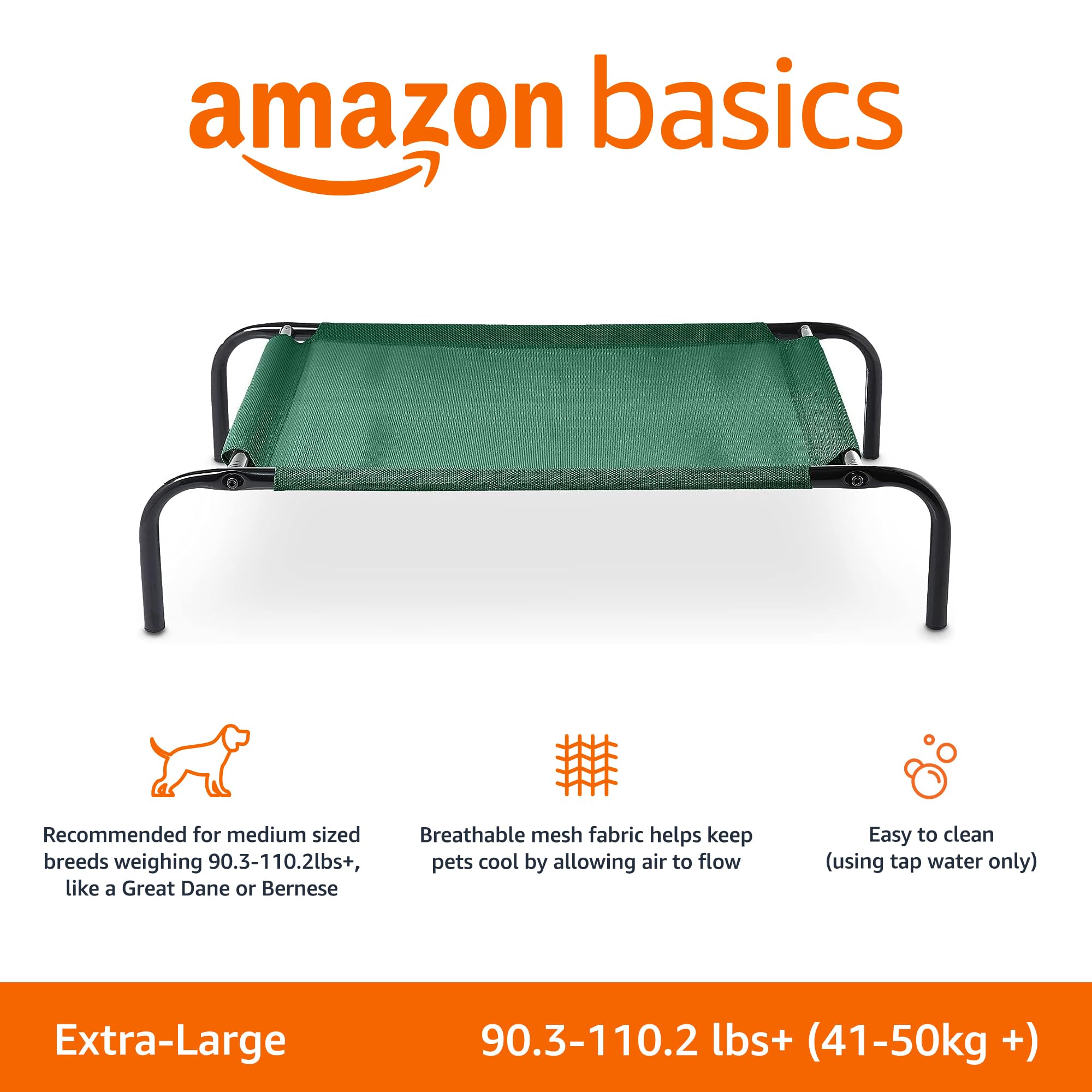 Amazon Basics Elevated Dog Bed, X-Large, Green, Durable Metal Frame, Breathable Textilene, 60 x 37 x 9 Inch, Model 2007XL-GN