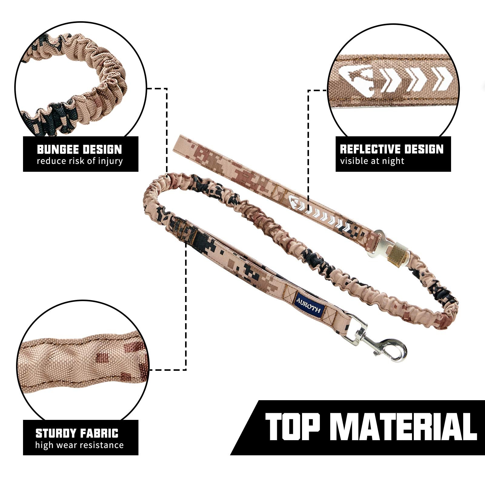Auroth Heavy Duty Dog Leash - Bungee, No Pull For Shock Absorption, Desert Camo For Medium Large Breeds, 6Ft, 2 Padded Handles
