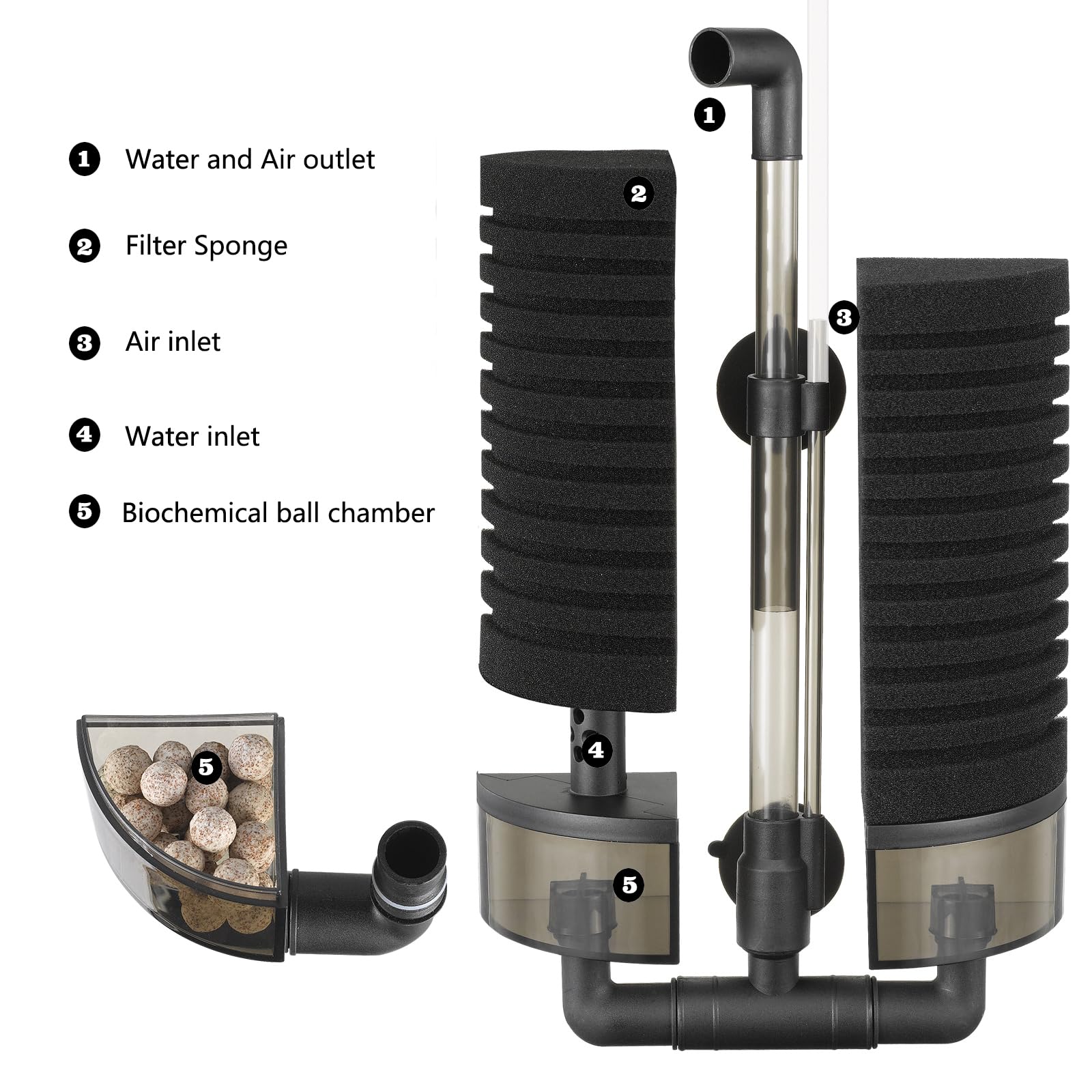 Carefree Fish Aquarium Filter Sponge Fish Tank Quiet Bubble Filter with 4 Sponges and 1 Bag of Filtered Ceramic Balls for Salt W