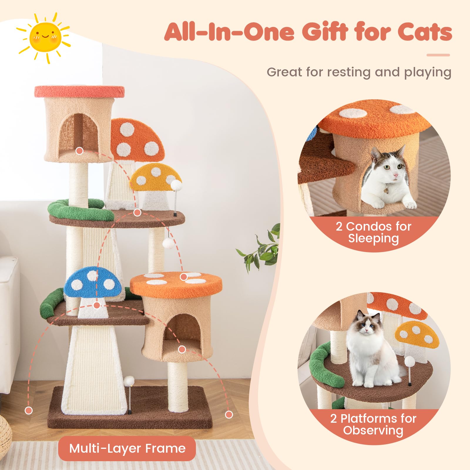 Tangkula Mushroom Cat Tree, Multi-Level Cute Cat Tower With Full-Wrapped Sisal Posts, Scratching Boards & Interactive Balls, 2 C