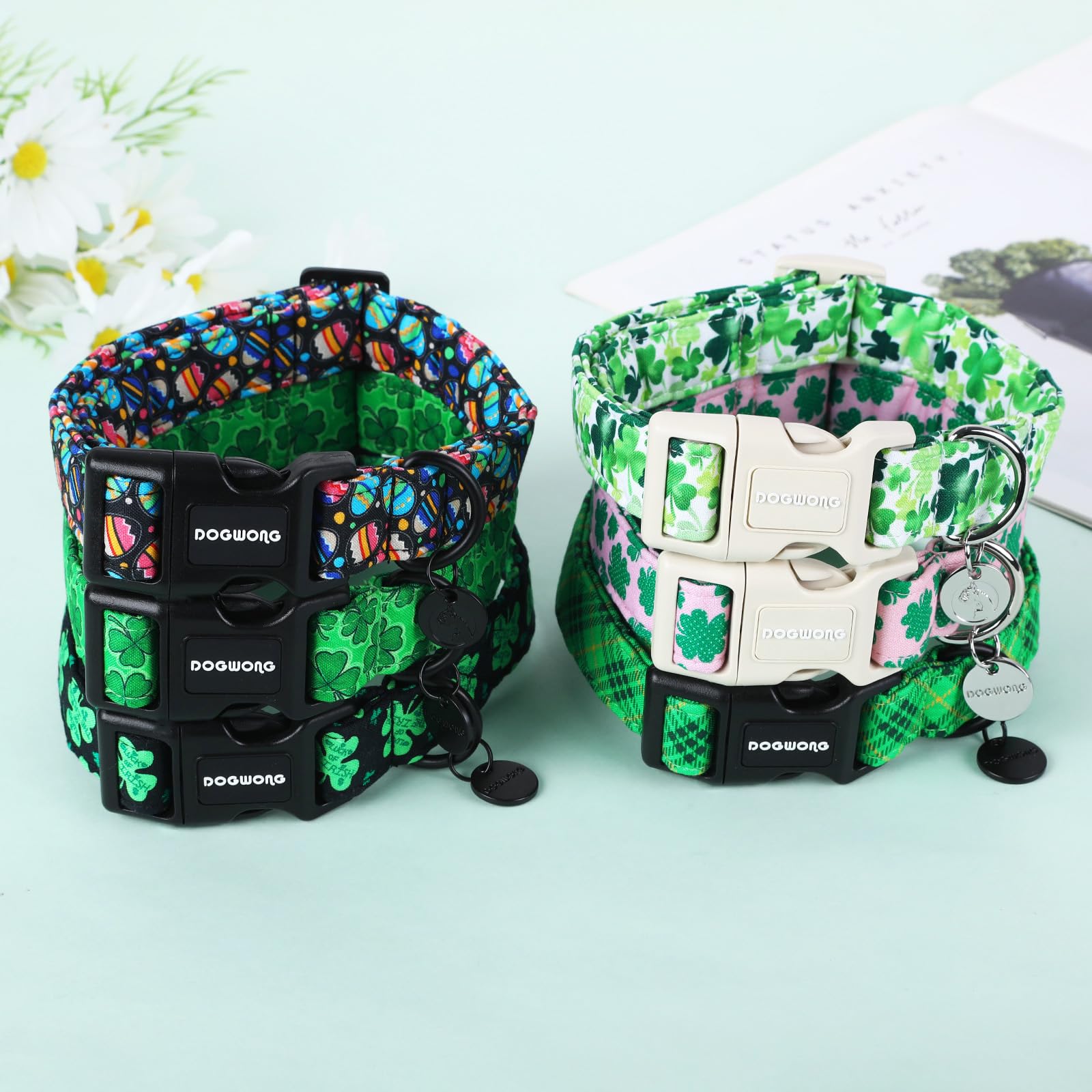 Dogwong Black St. Patrick'S Day Dog Collar, Green Lucky Clover Shamrock Dog Collar Soft Durable Adjustable Costume Bright Lucky