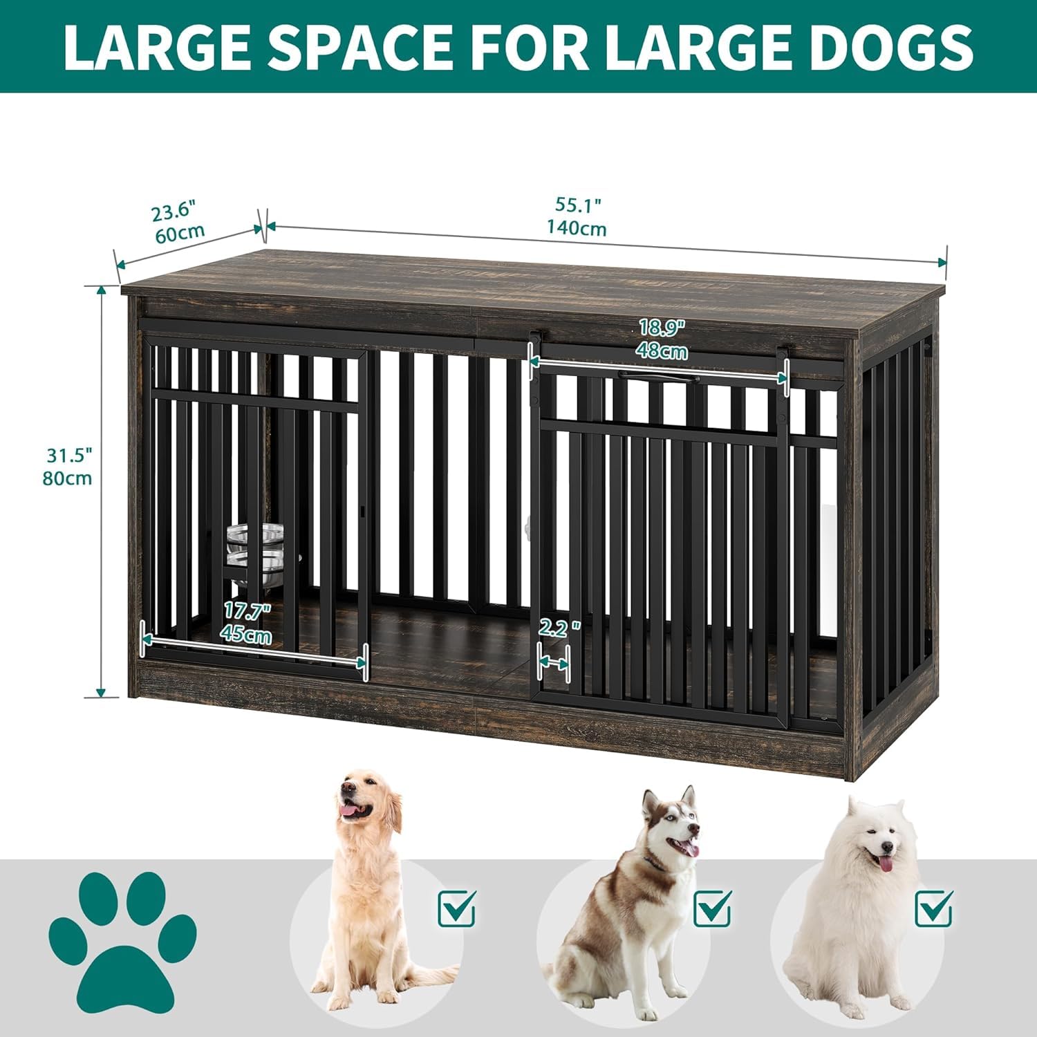 YITAHOME 55 Inch Large Dog Crate Furniture, Heavy Duty Wooden Dog Crate TV Stand with 2 Dog Bowls, Metal Dog Kennel Indoor Furni