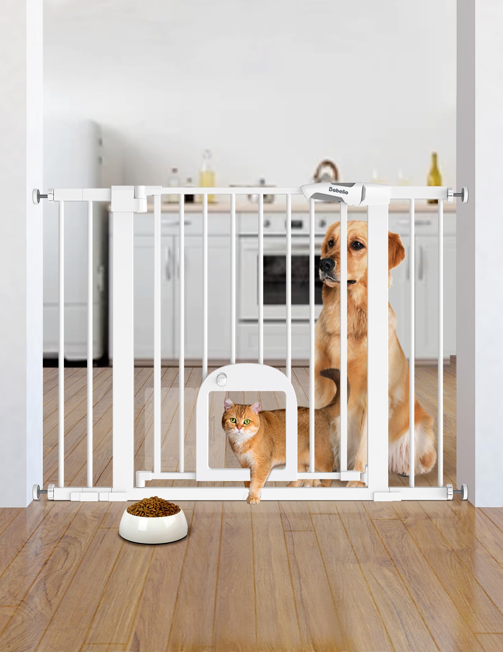 Babelio Baby Gate With Adjustable Cat Door, 29-43'' Auto Close Durable Dog Gate For Stairs, Doorways And House, Easy Walk Thru S