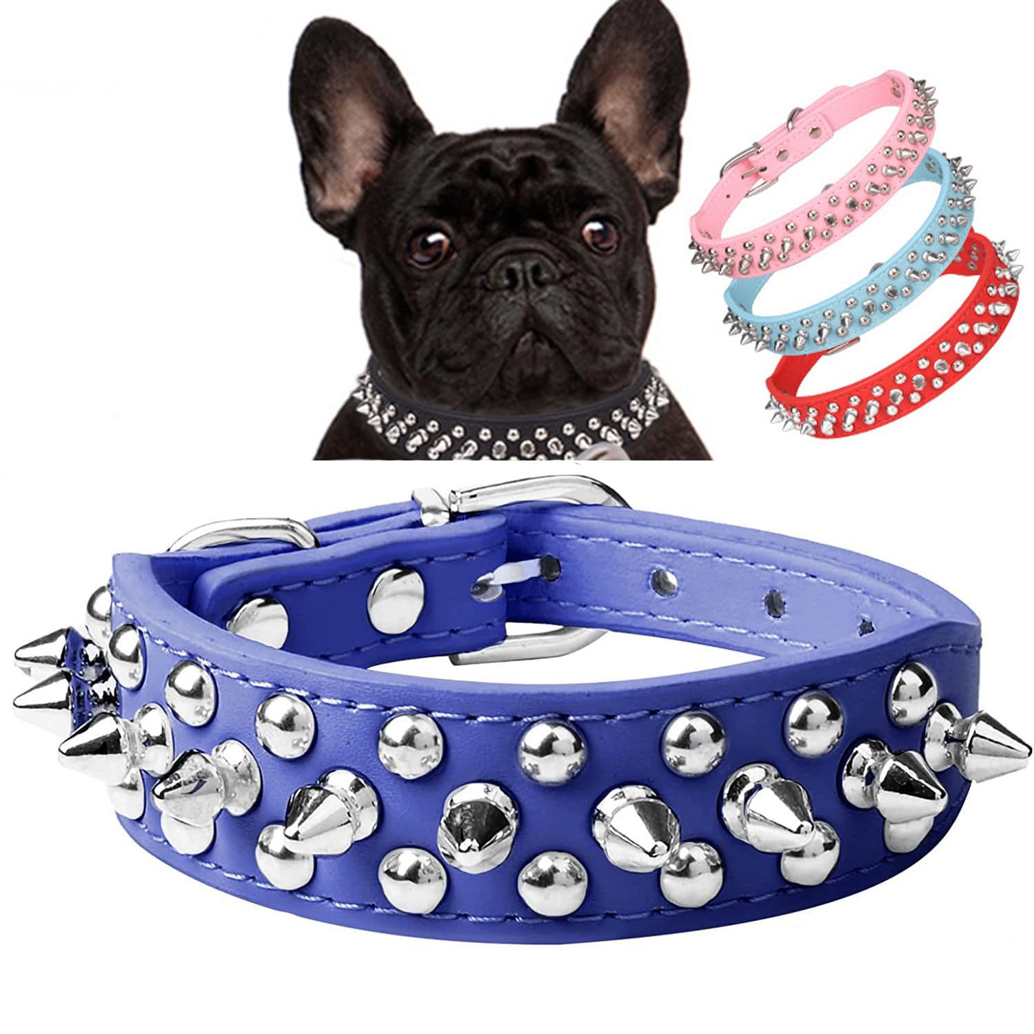 Serijoars Spiked Dog Collar Soft Pu Leather Mushrooms Rivet Spike Studded Dog Collar Adjustable Puppy Collars (S, Dark Blue)
