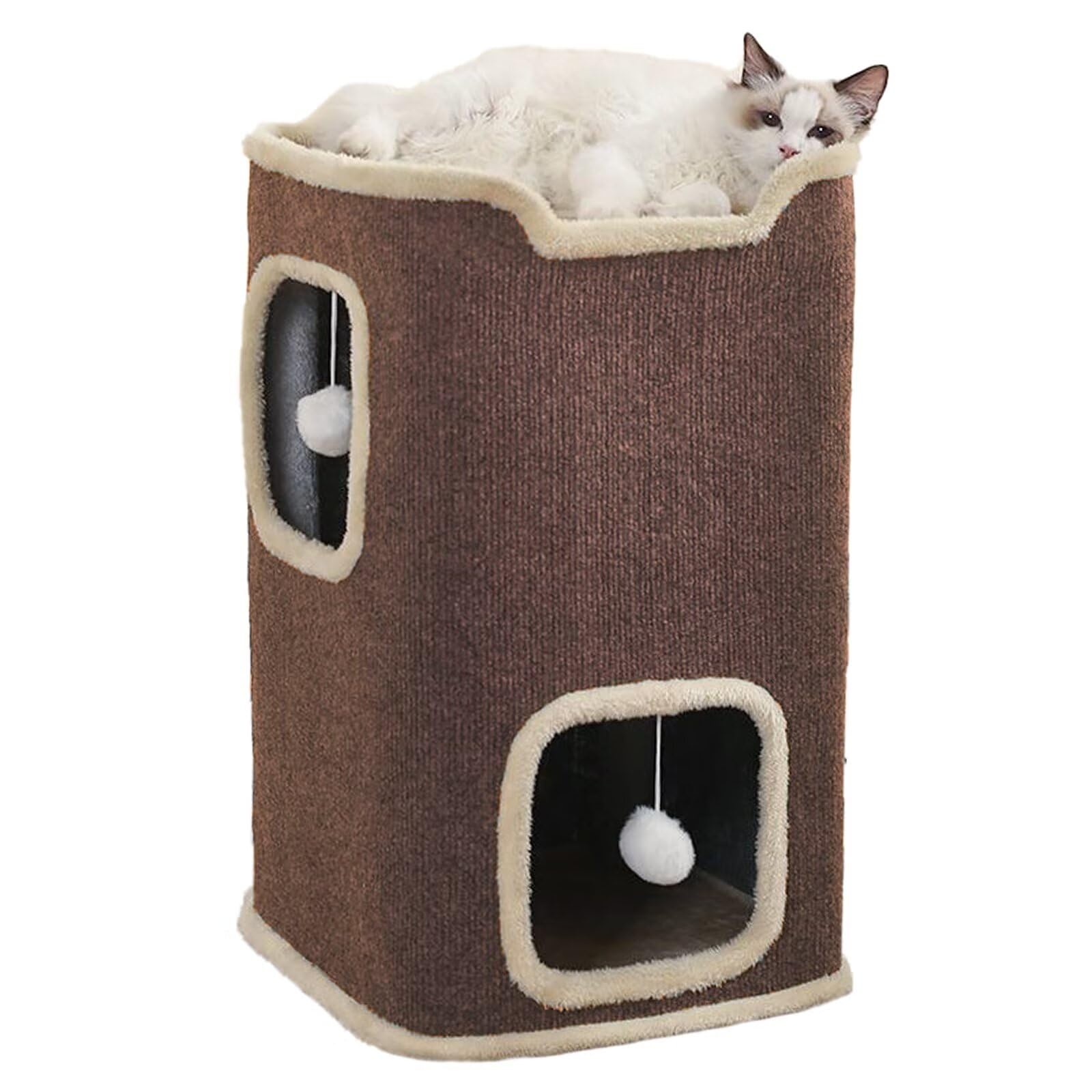 Pempet Cat House For Indoor Cats Beds, Multi-Level Cat Condo Foldable Cat Cave Coffee, 2L