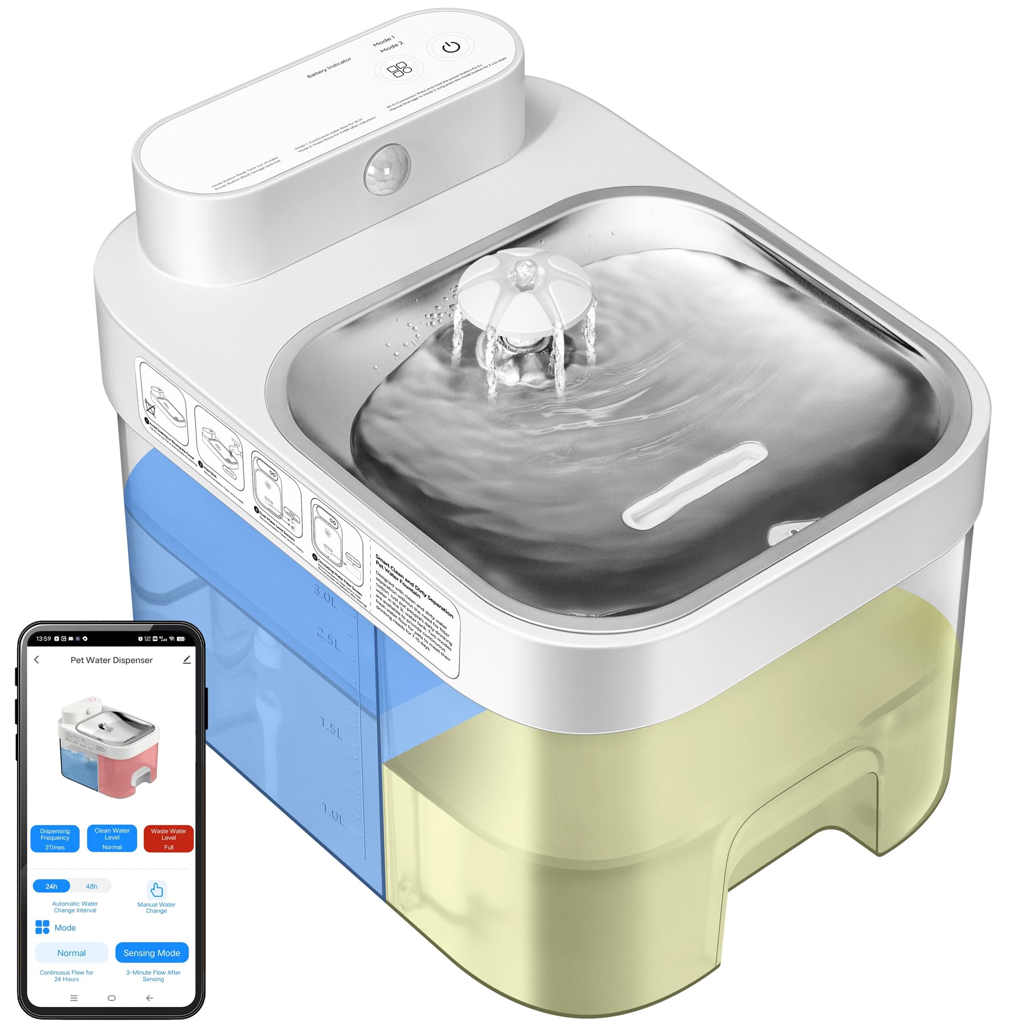 Vivohome Smart Pet Water Fountain, 101Oz Separated Fresh Water Tank, No Fliter Needed & Wireless Pump, Battery Operated Super Cl