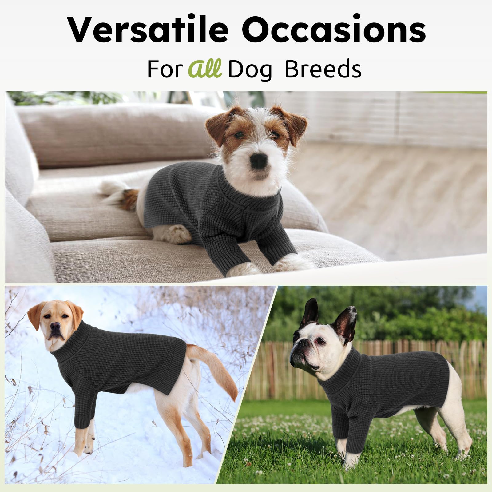 Queenmore Dog Turtleneck Long Sleeve Knitted Pet Sweater With Check Pattern - Fall Winter Warm Dog & Cat Sweater, Charcoal Gray