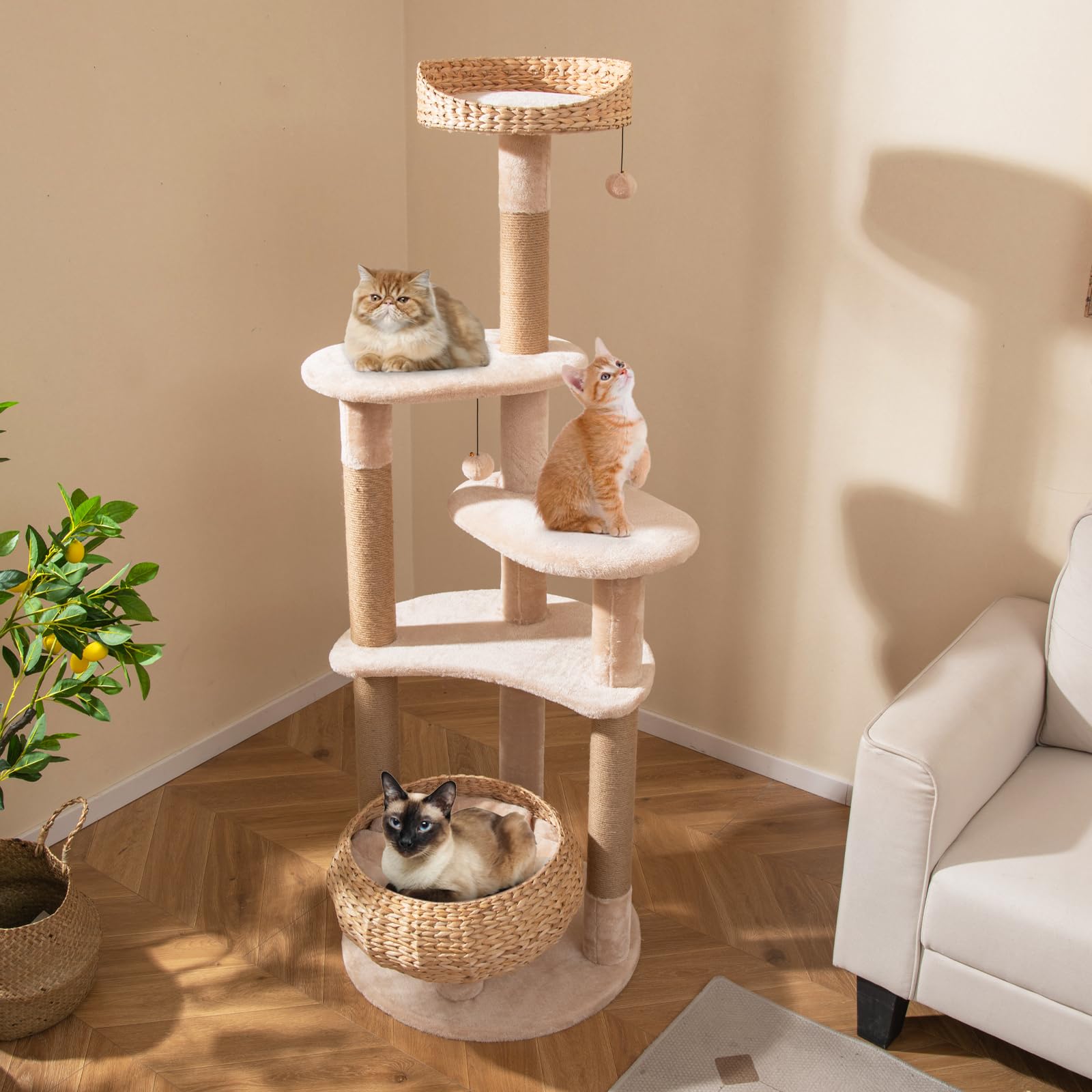 Petsite 65 Inch Cattail Cat Tree Tower, Multi-Level Cat Tower With Natural Jute Scratching Posts, Cat Bed, Top Perch, Dangling B