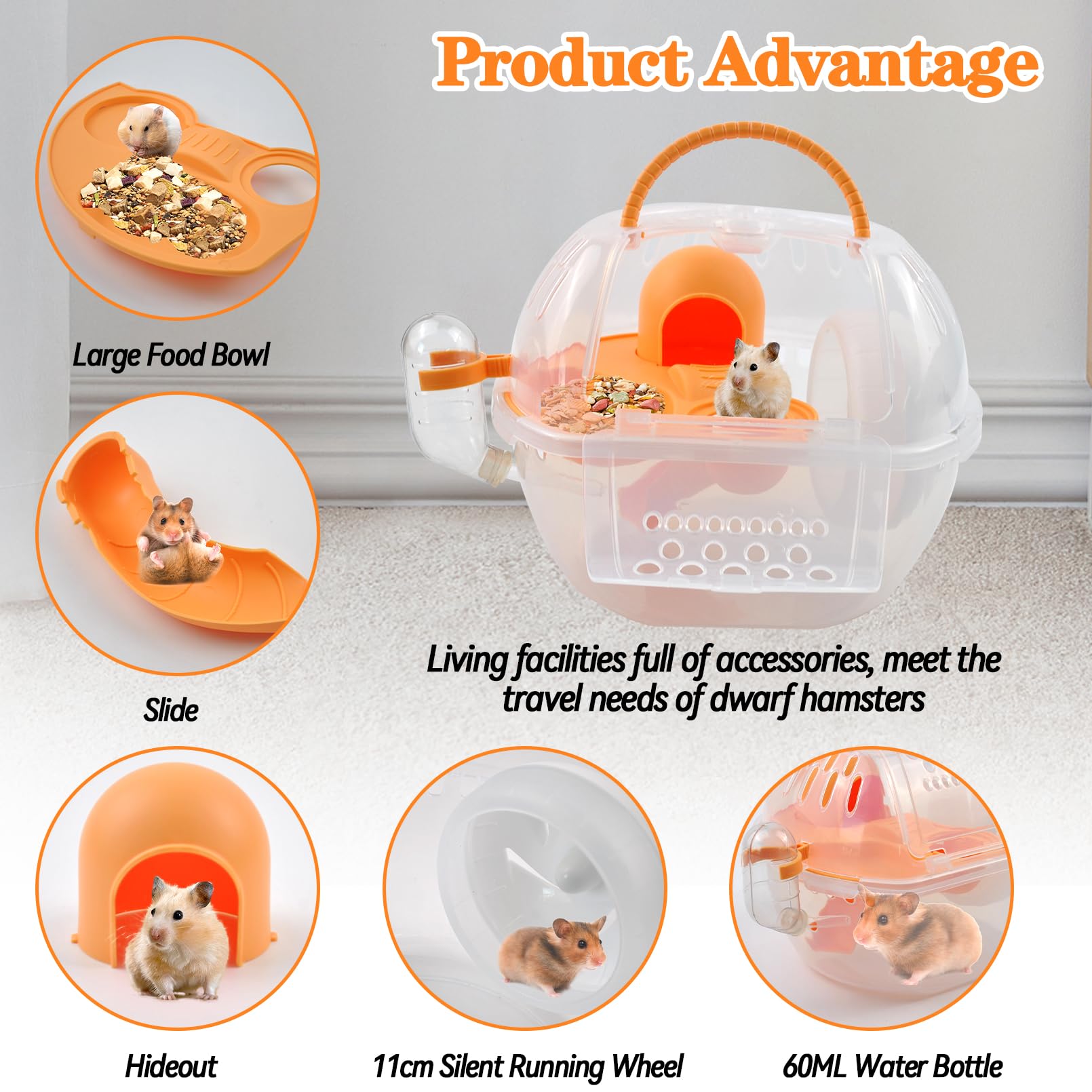 MUYG Hamster Transport Carrier,2 Tiers Dwarf Hamster Cage Carrier Breathable Small Animal Travel Carry Case with Silent Exercise