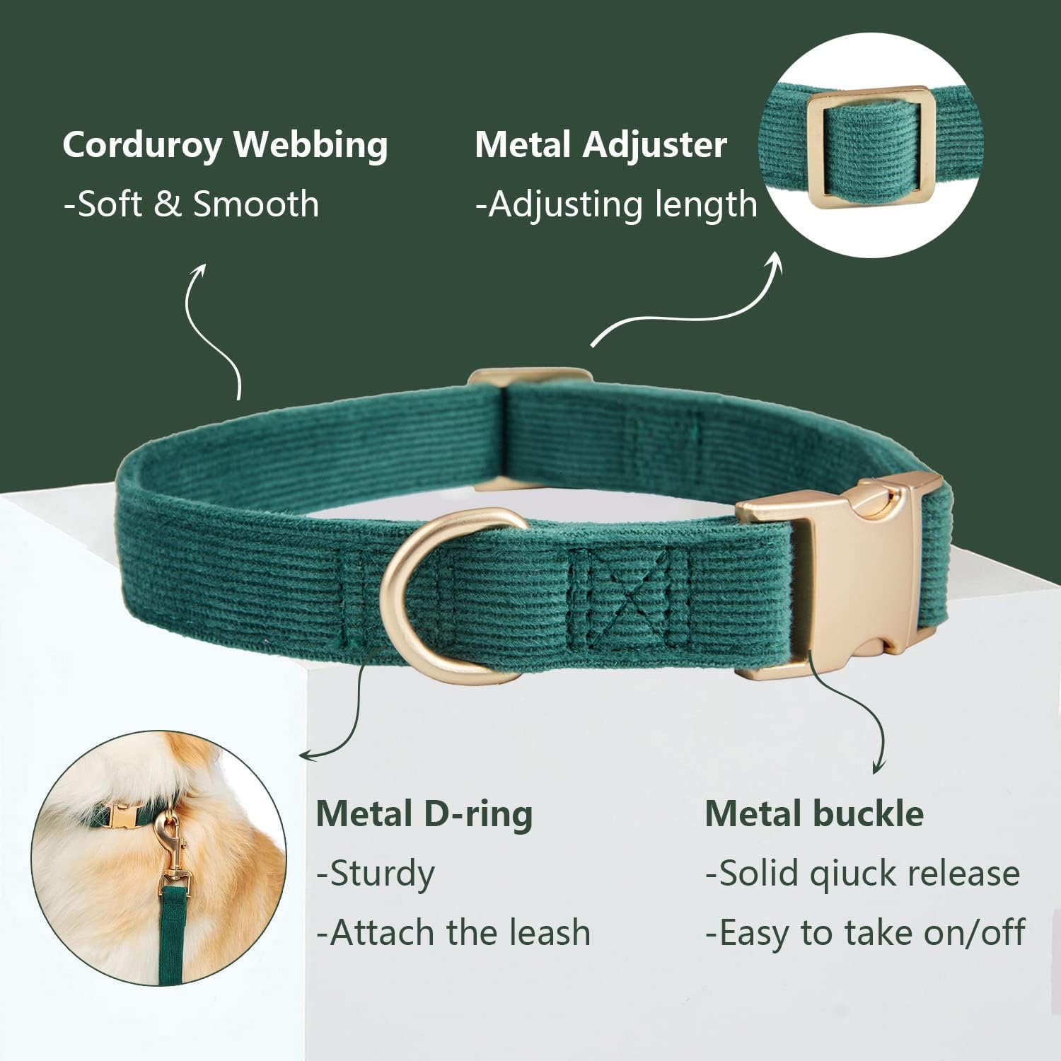 Ewinoom Soft Corduroy Dog Collar and Leash Set, Adjustable Cotton Dog Collars with Metal Buckle and Lead for Large Dogs,Dark Gre
