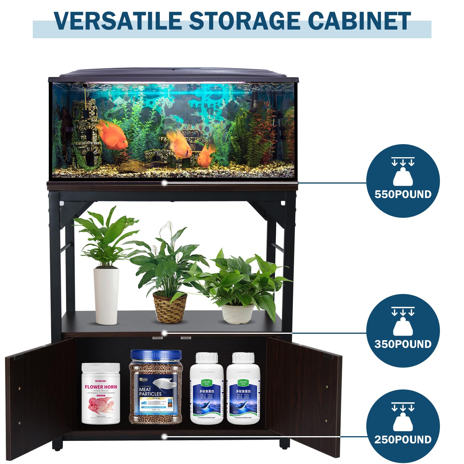 Metal Frame Aquarium Stand with Storage Cabinet - 29 Gallon Fish Tank Stand, 550LBS Capacity Walnut 30.7 L*16.5 W Tabletop