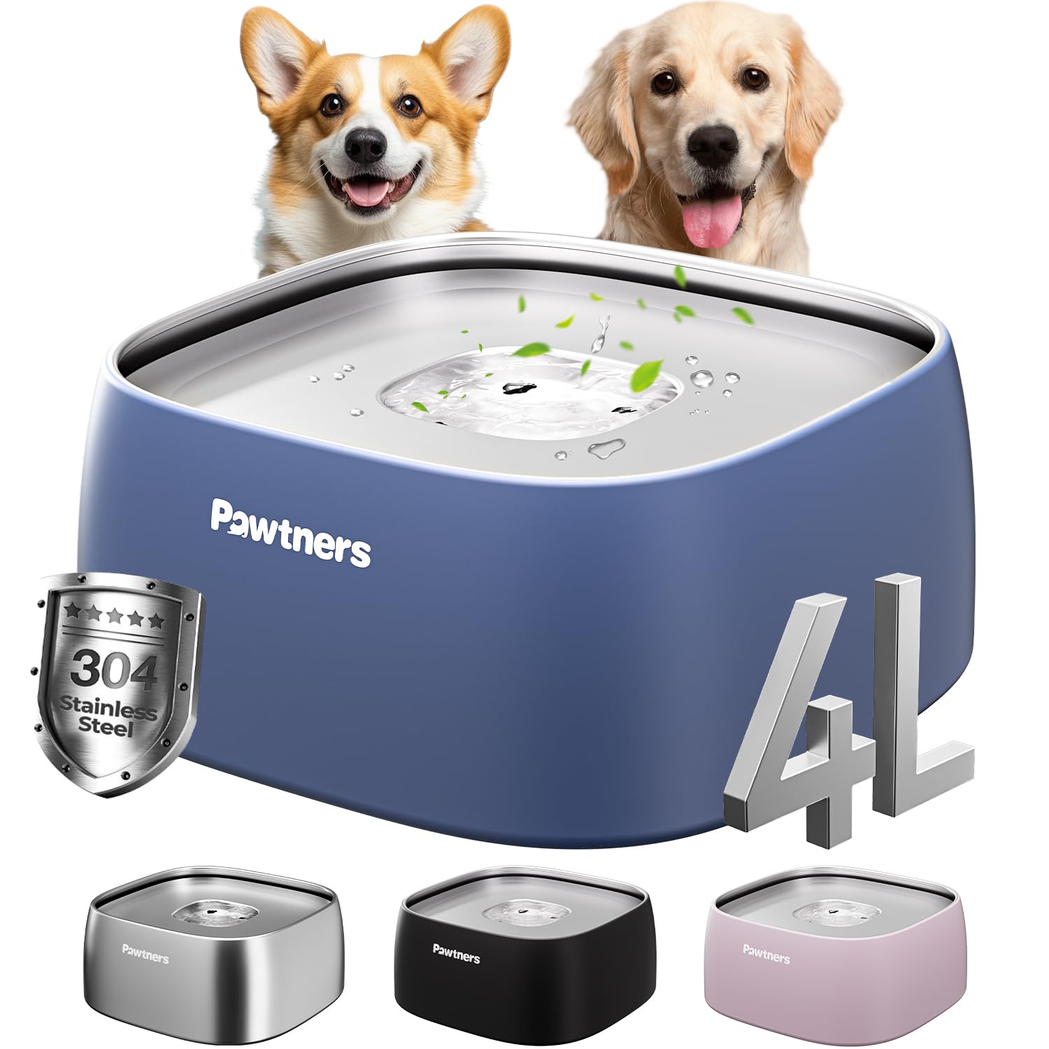 Dog Water Bowl No Spill, 4L All Stainless Steel, Slow Drinking For Dogs With Non-Slip Base, Spill Proof Dog Water Bowl For Mediu