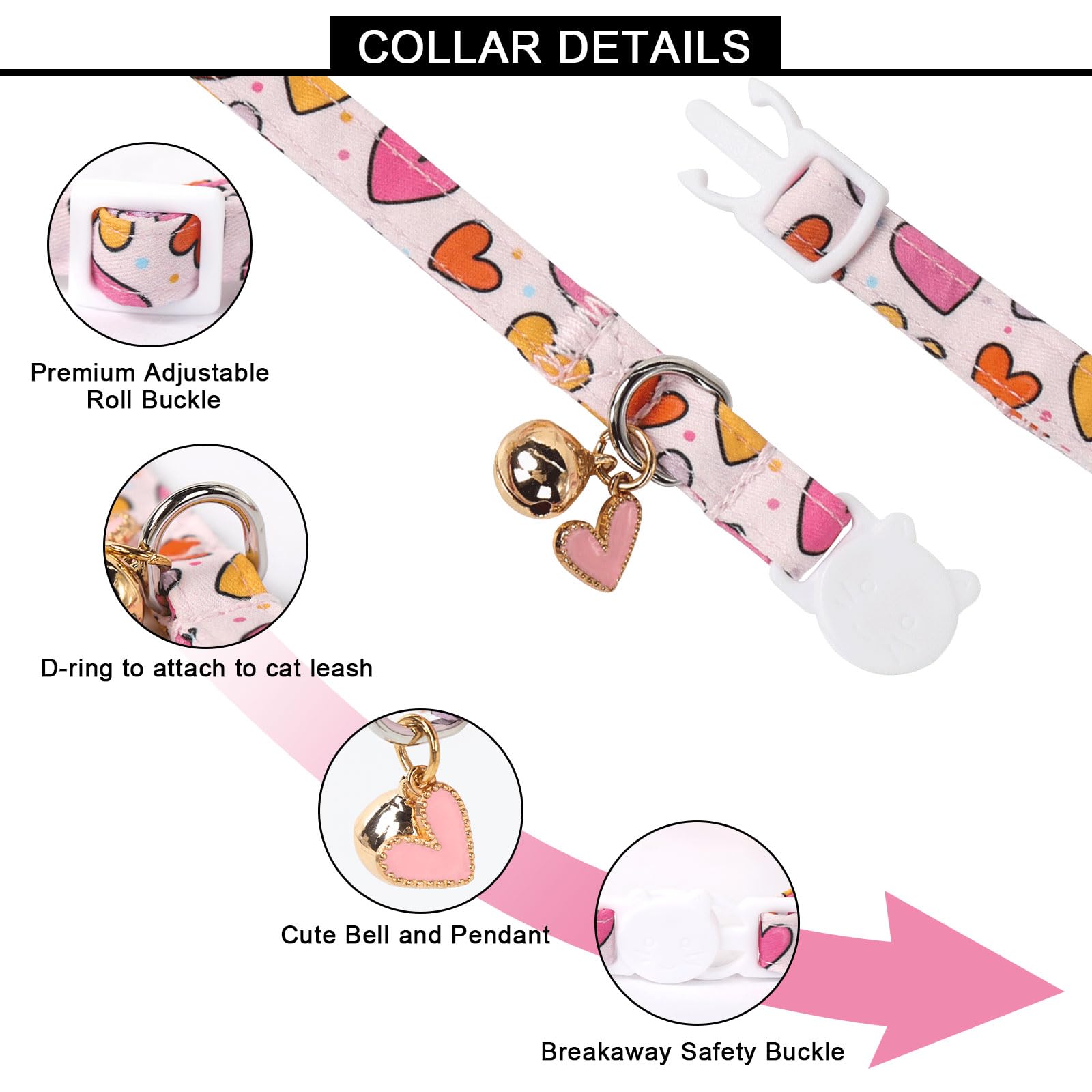 Lionet Paws 2Pcs Pack Valentine'S Day Cotton Cat Collar,Dot Heart Breakaway Buckle With Red Pink Love Cute Adjustable Cat Kitten