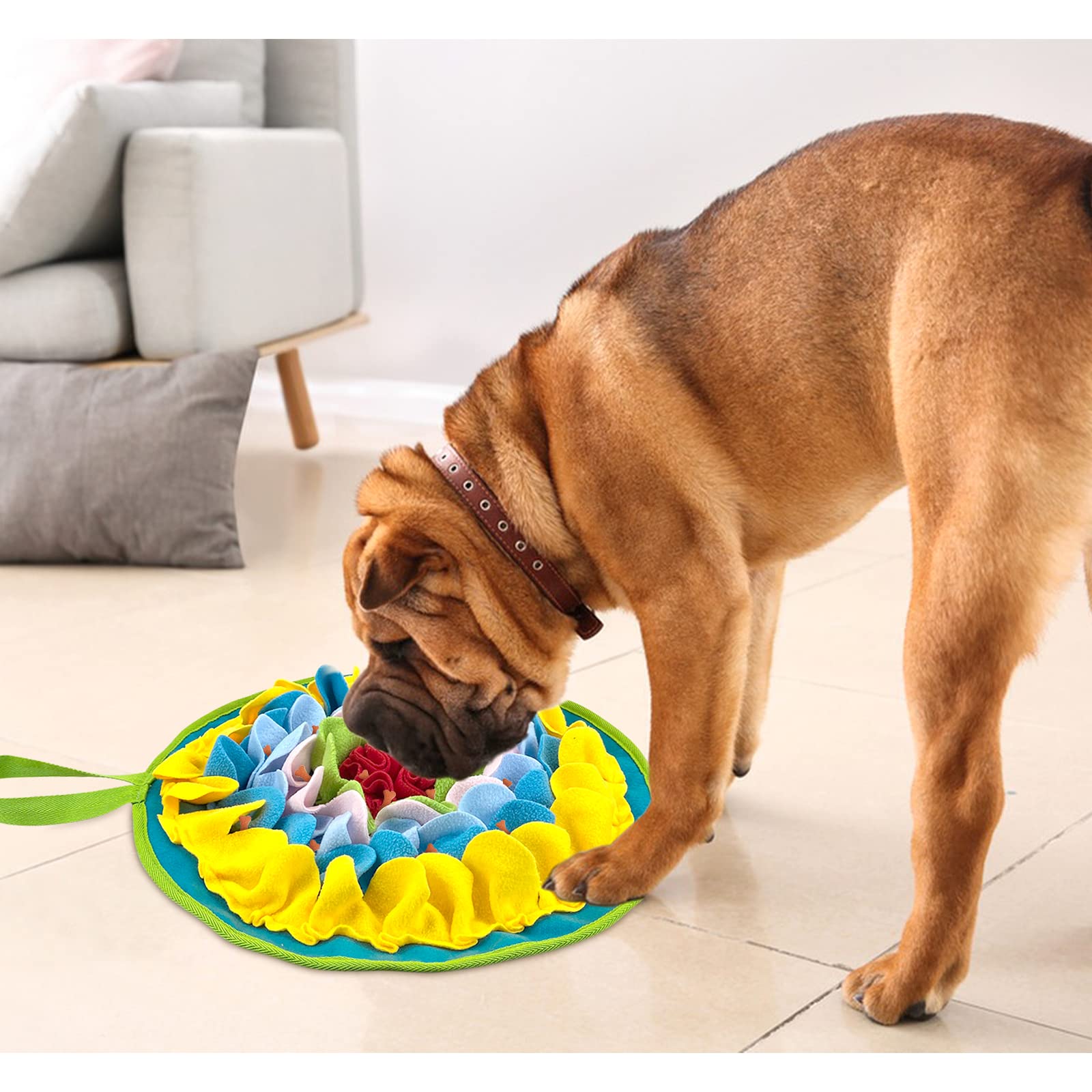 Wishlotus Slip-Free Pet Snuffle Mat With Hanging Rope, Snuffle Mat For Dogs To Consume Energy And Relieve Stress, Pet Snuffle Mat For Rabbits, Hamsters, And Dogs To Improve Digestion (Dense Flowers)