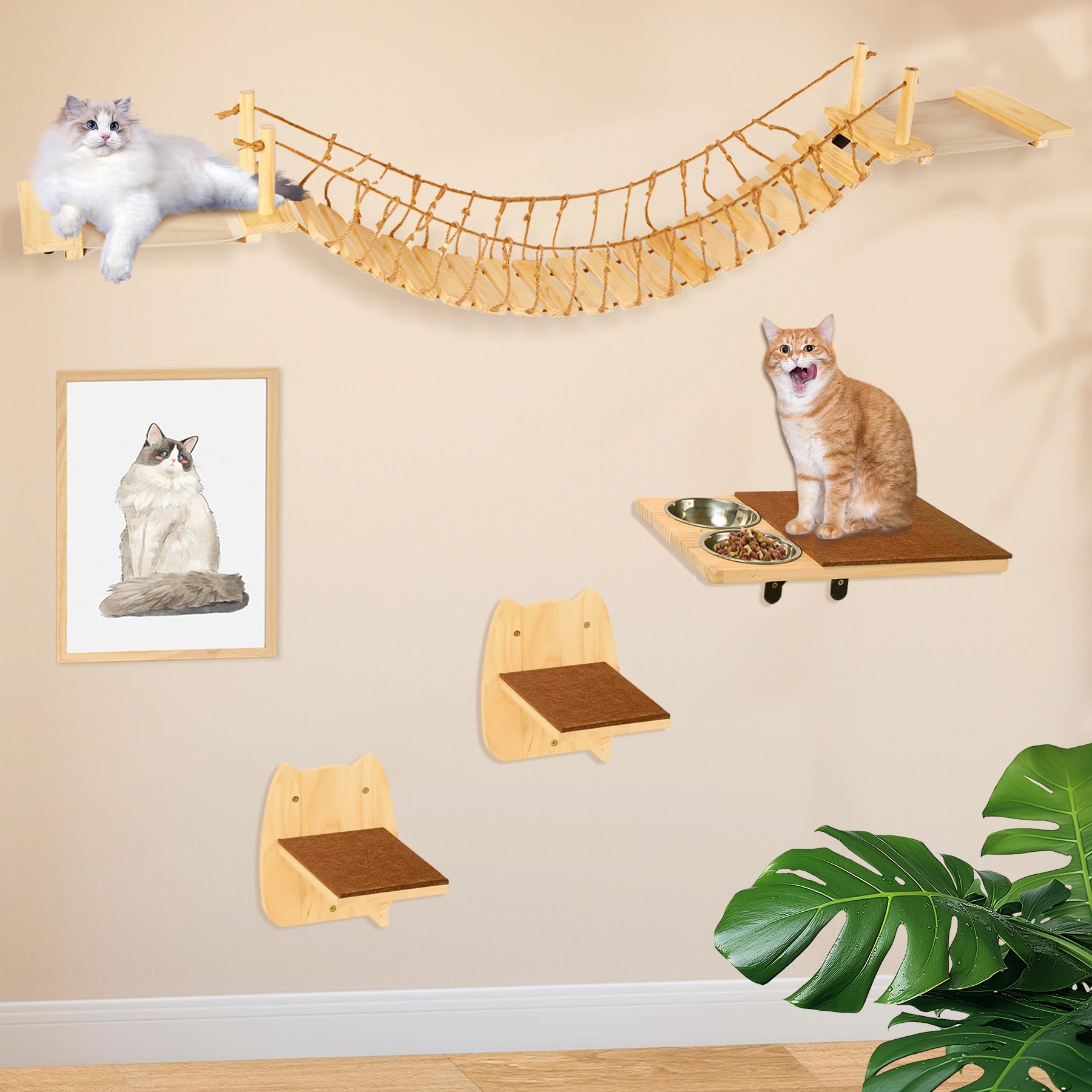Calmbee Cat Wall Shelves, Cat Wall Furniture 70'' Cat Bridge Wall Mount Cat Perch Wooden Hammock Cat Tree Cat Climber Cat Cloud 