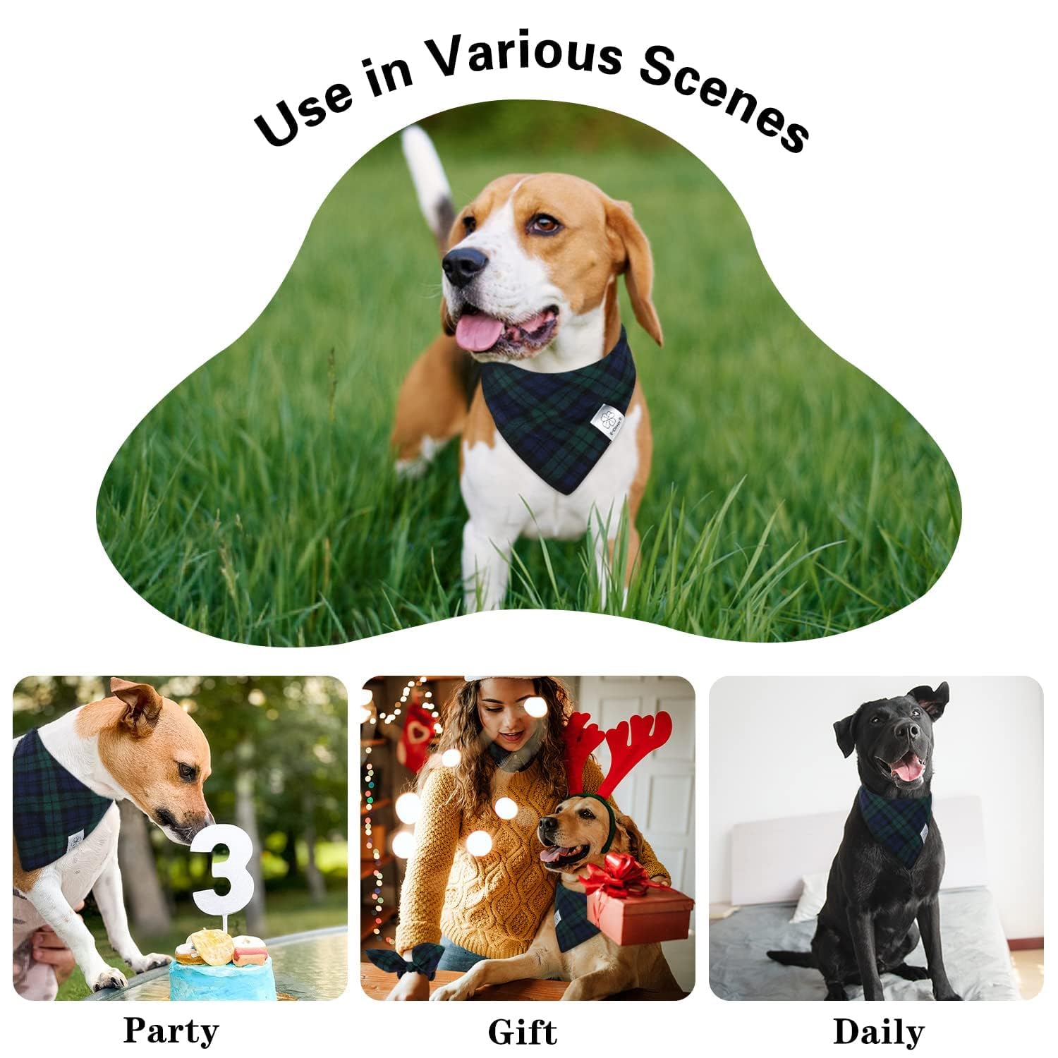 E-Clover Spring Dog Bandanas & Matching Scrunchie Set Plaid Scarf Kerchief For Small Dog Boy Puppy Bandana Pet Owner Blue Green
