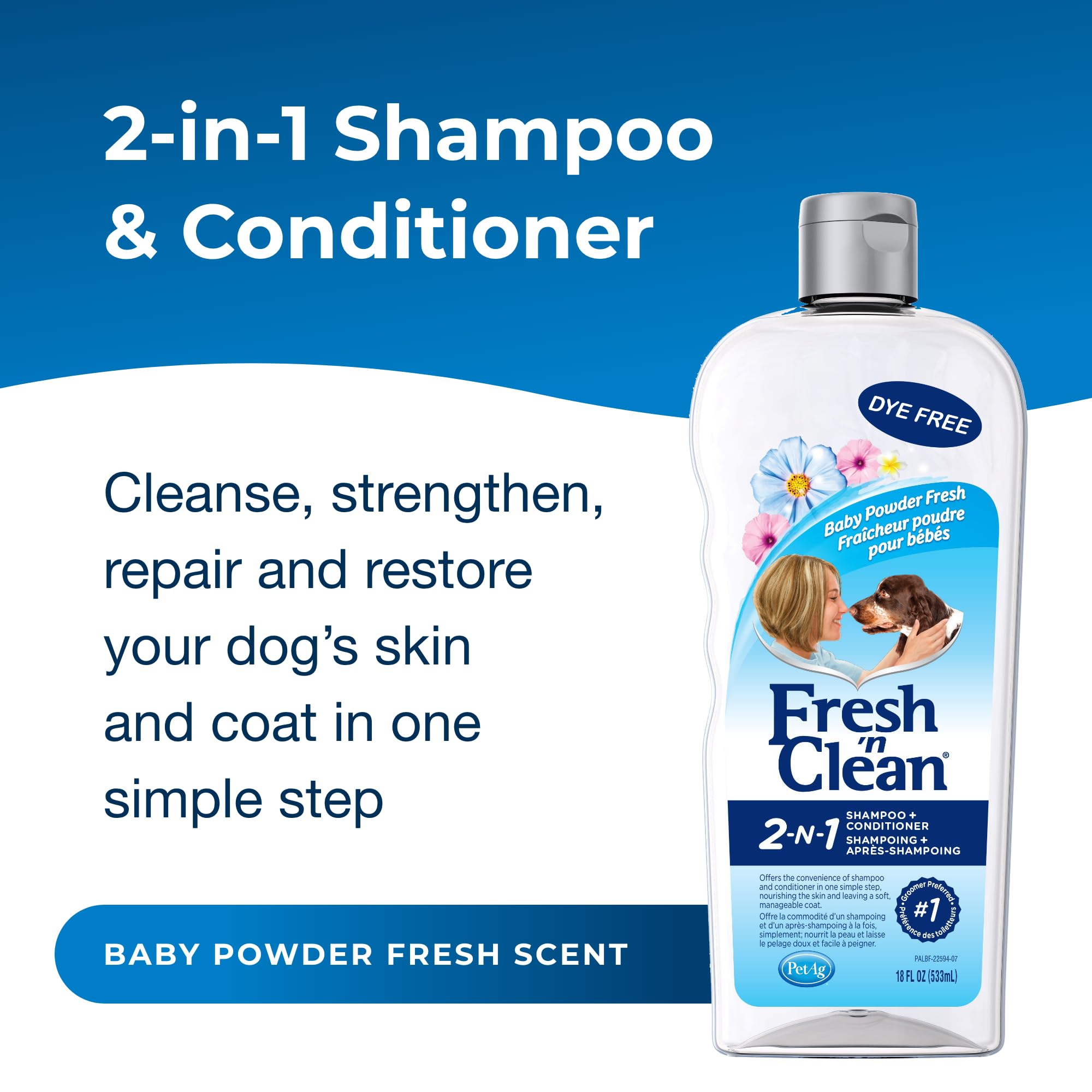 Pet-Ag Fresh ’N Clean 2-N-1 Conditioning Shampoo, Baby Powder Scent - 18 Oz - Moisturizes With Vitamin E & Aloe Vera - Strengthens & Repairs Coats - Soap Free