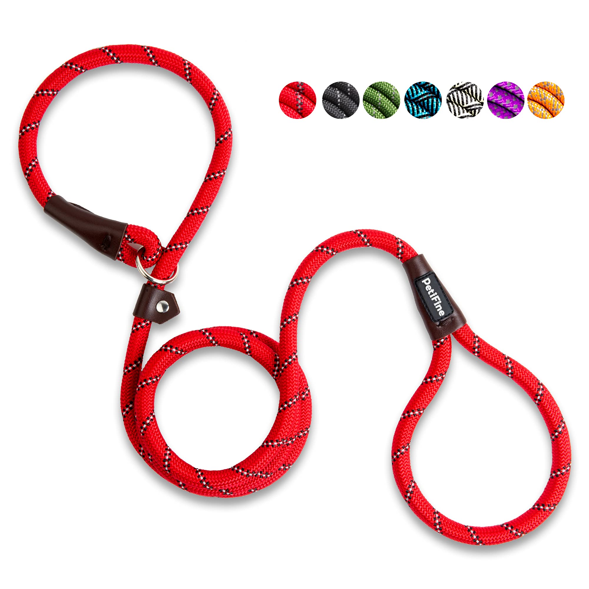 Petifine Slip Lead Dog Leash, Full Reflective Slip Knot Dog Training Leashes, Heavy Duty Adjustable Pet Nylon Slip Loop Leash For Small Medium Large Dogs(Red)