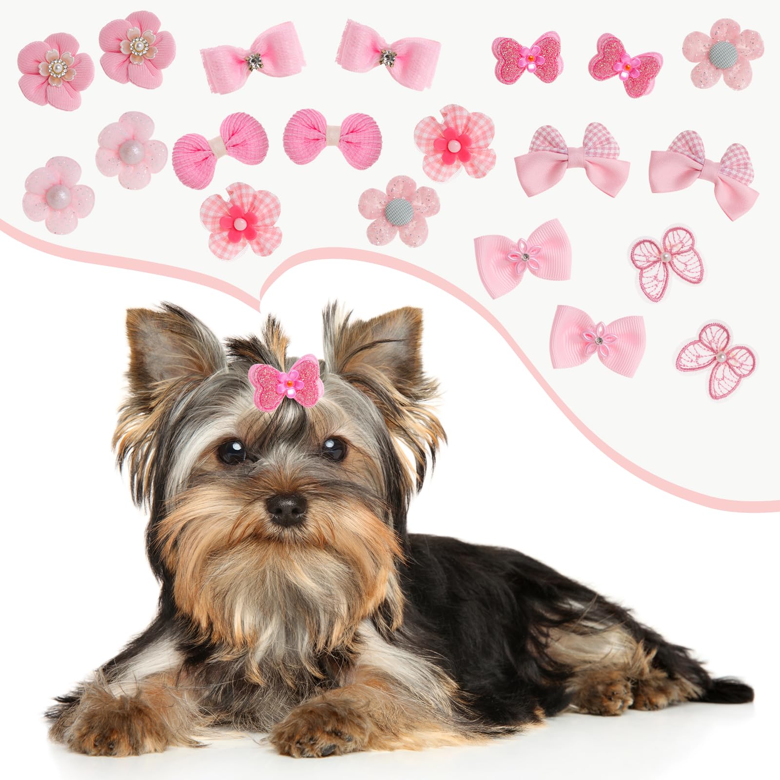 20Pcs Light Pink Small Dog Hair Bows Cute Puppy Dog Bowknot Hair Bow Bulk with Rubber Bands Elastic Lace Rhinestone Pearls Hair