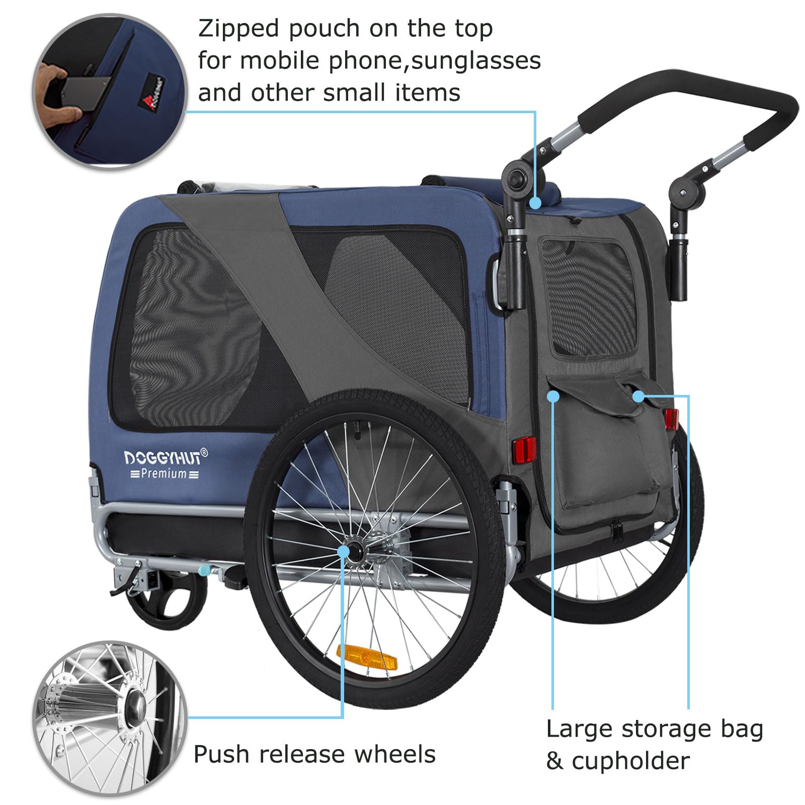 Doggyhut Premium Pet Bike Trailer & Stroller For Small,Medium Or Large Dogs,Bicycle Trailer For Dogs Up To 100 Lbs (Blue, Xl)