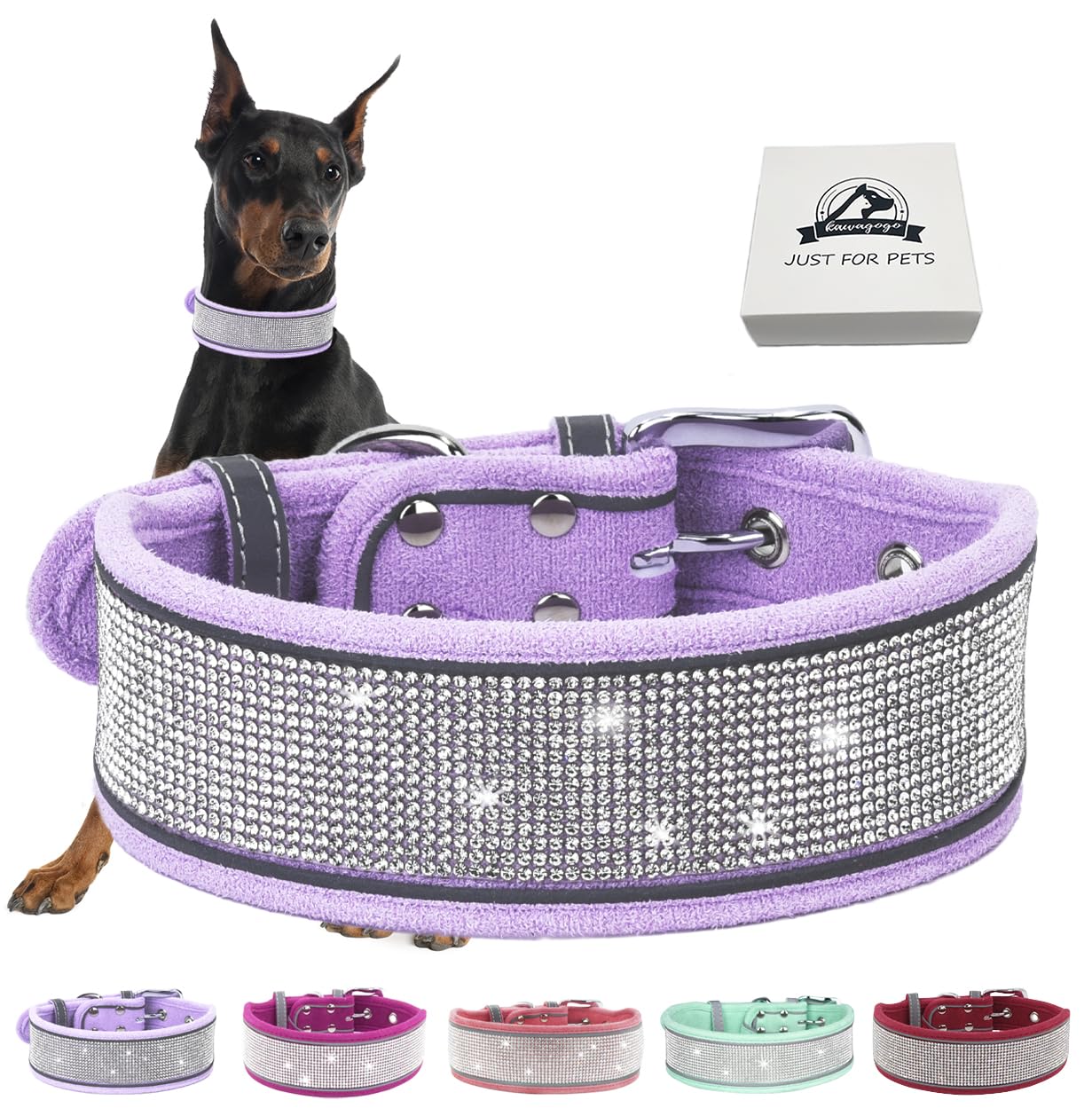 Kawagogo Bling Diamond Dog Collar For Females Girls,Soft Velvet Leather With Fancy Sparkly Crystal Rhinestones,Reflective Stripe