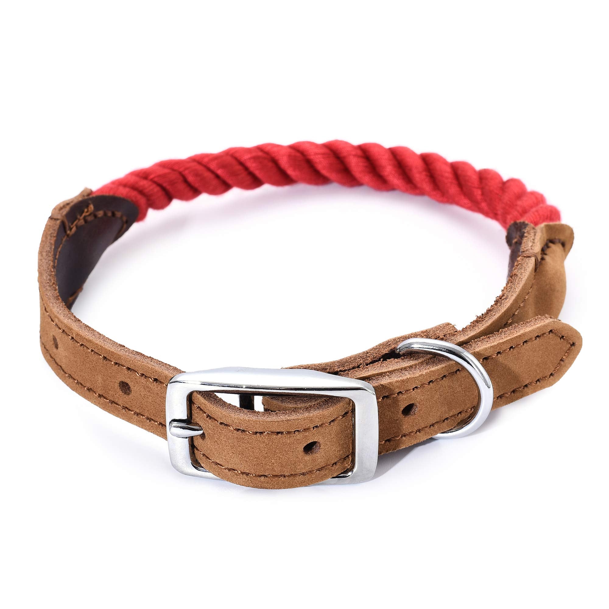 Mile High Life Rope & Leather Dog Collar | Durable Braided Cotton Rope & Genuine Leather W Metal Pin Buckle | Classic Puppy Coll