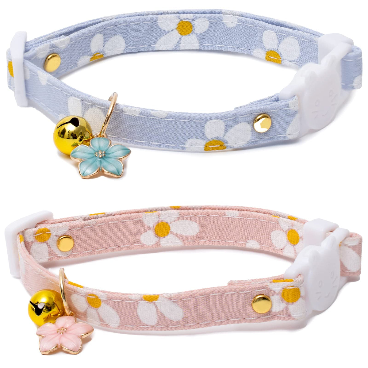 2 Pack Cotton Breakaway Cat Collars With Bell Cute Flower Charms Kitty Kitten Collars Pink Blue Collar For Female Girl Cats Male Boy Cats