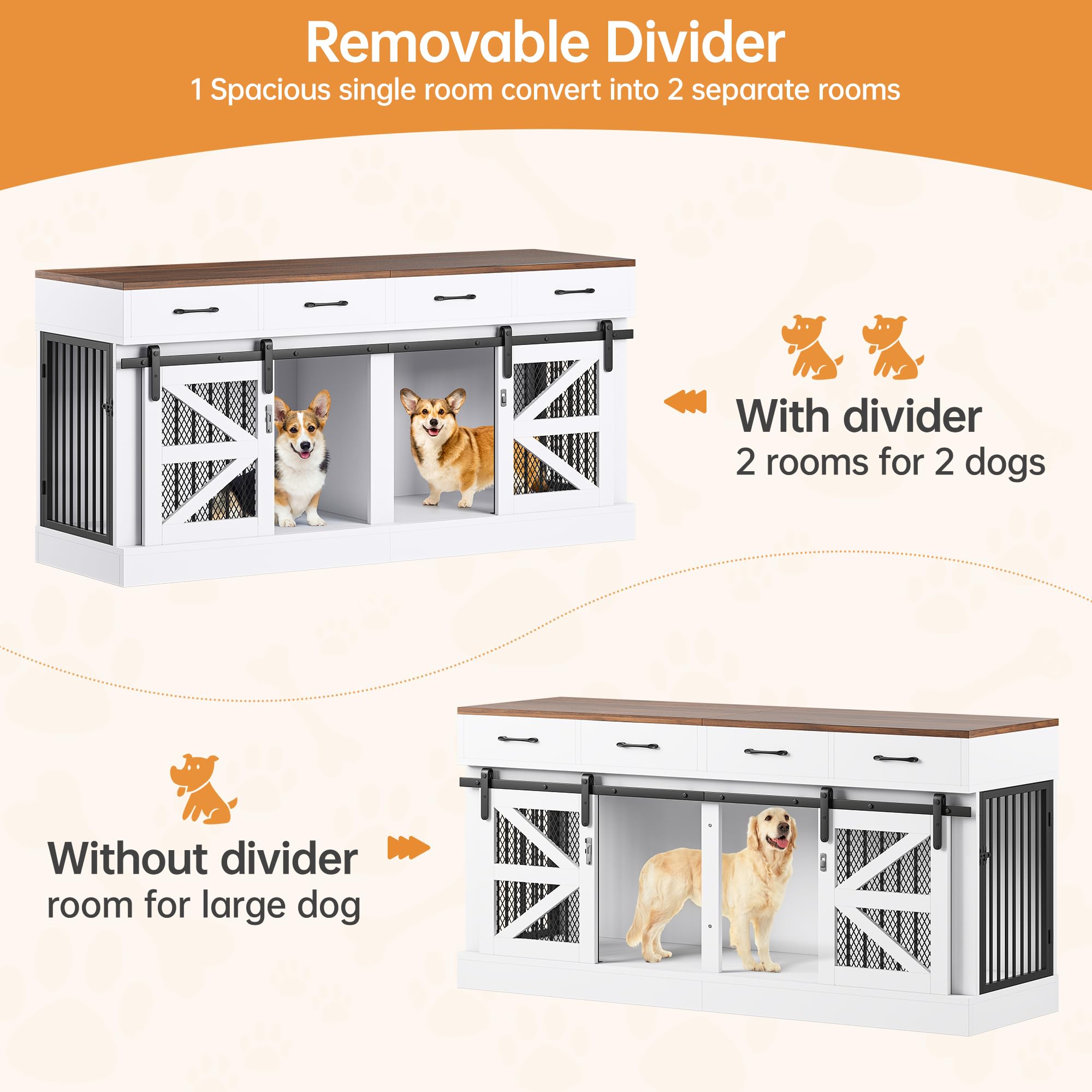 OtterOasis Extra Large Dog Crate Furniture for 2 Dogs, 71 Dog Kennel Indoor with Removable Divider and 4 Storage Drawers, Stur