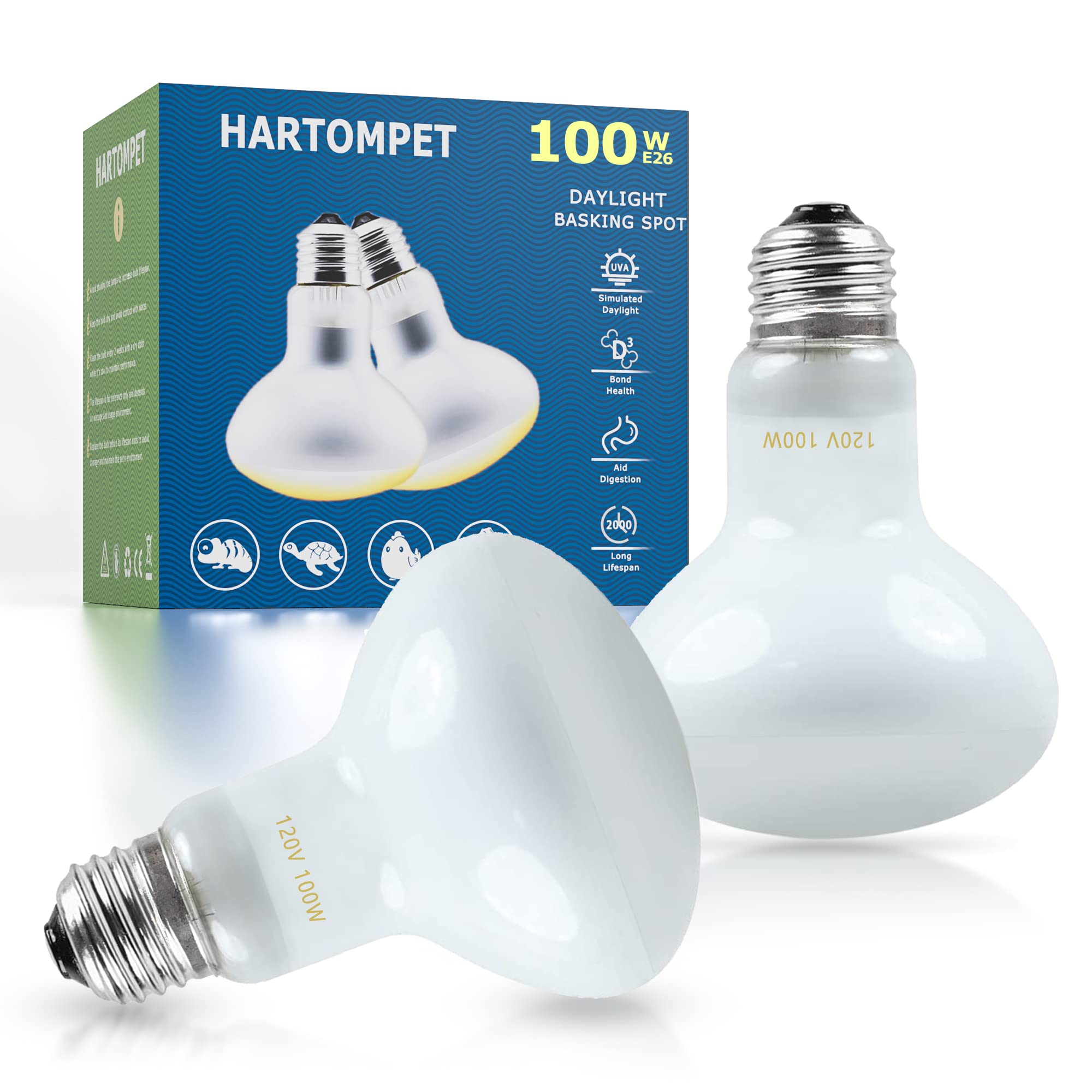 HARTOMPET Reptile Heat Lamp Bulbs 100W E26 - UVA Basking Spot Light for Reptiles - Simulated Sunlight Terrarium Heat Lamps - Ide