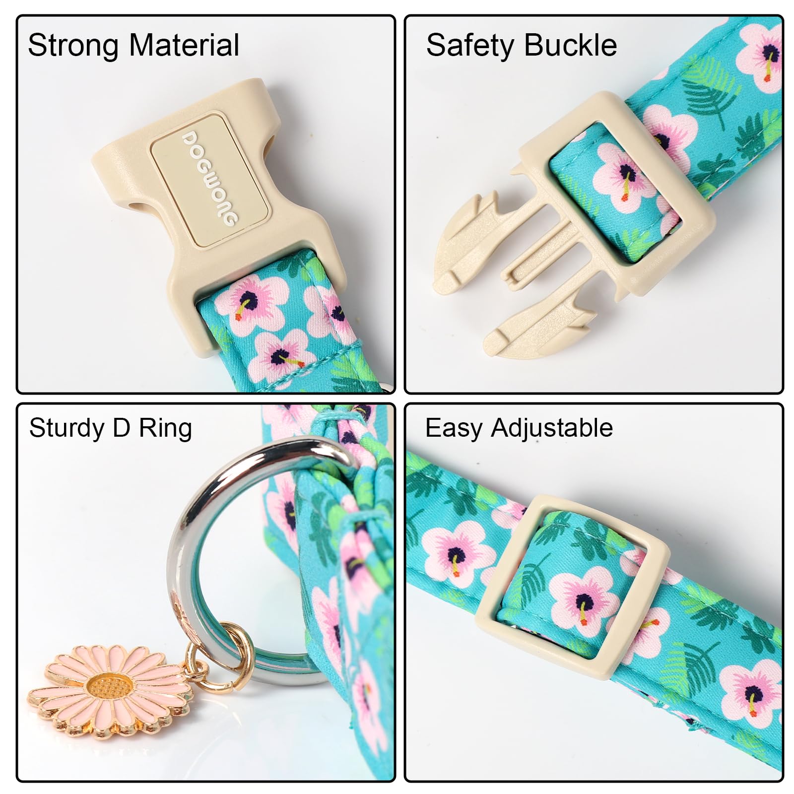 Dogwong Spring Floral Cotton Dog Collar, Pink Flower Dog Collar Durable Soft Fabric Pet Dog Collars Cute Beachy Girl Female Pupp