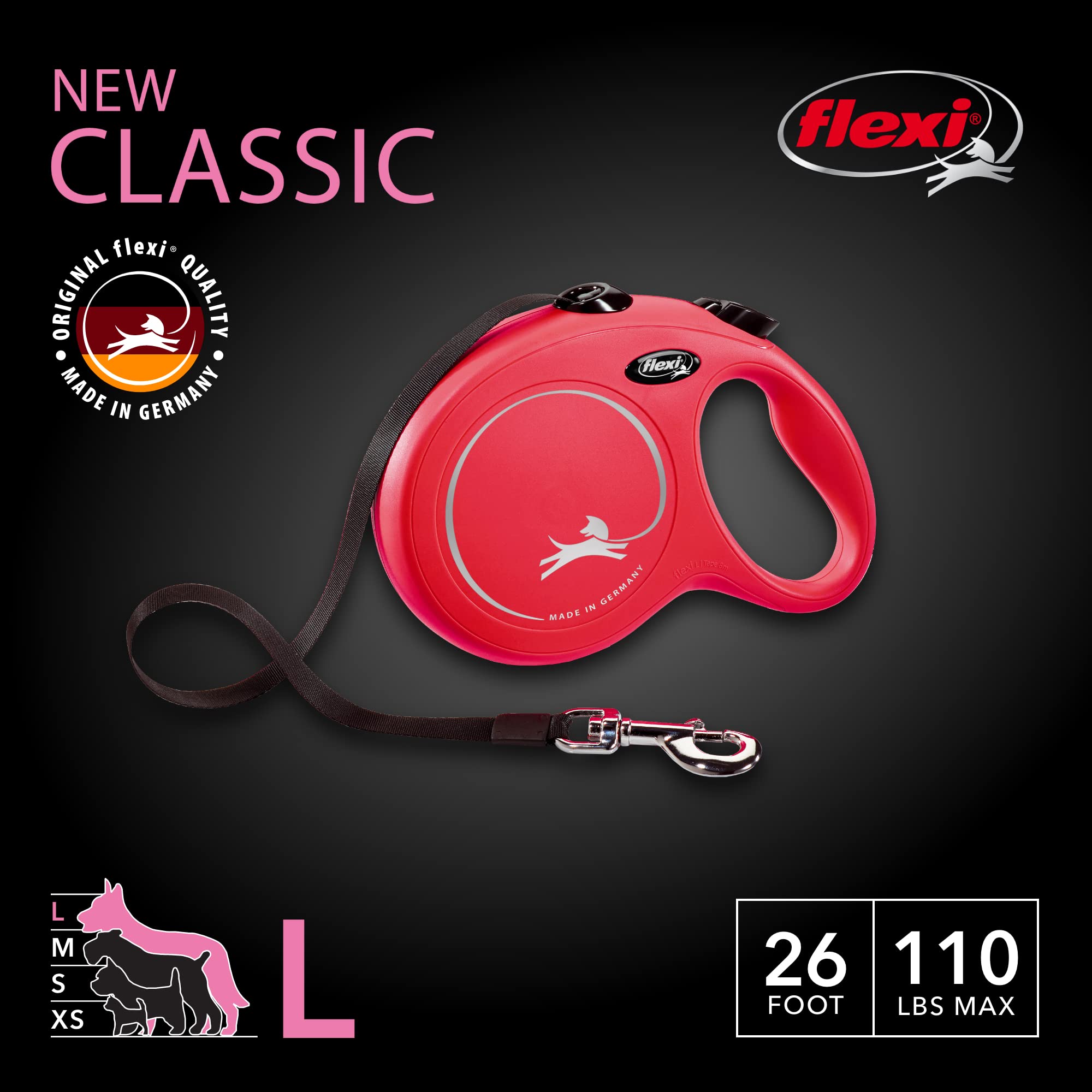FLEXI Classic Tape Retractable Dog Leash, Large 26ft, Red, Model CL30T8.250.R