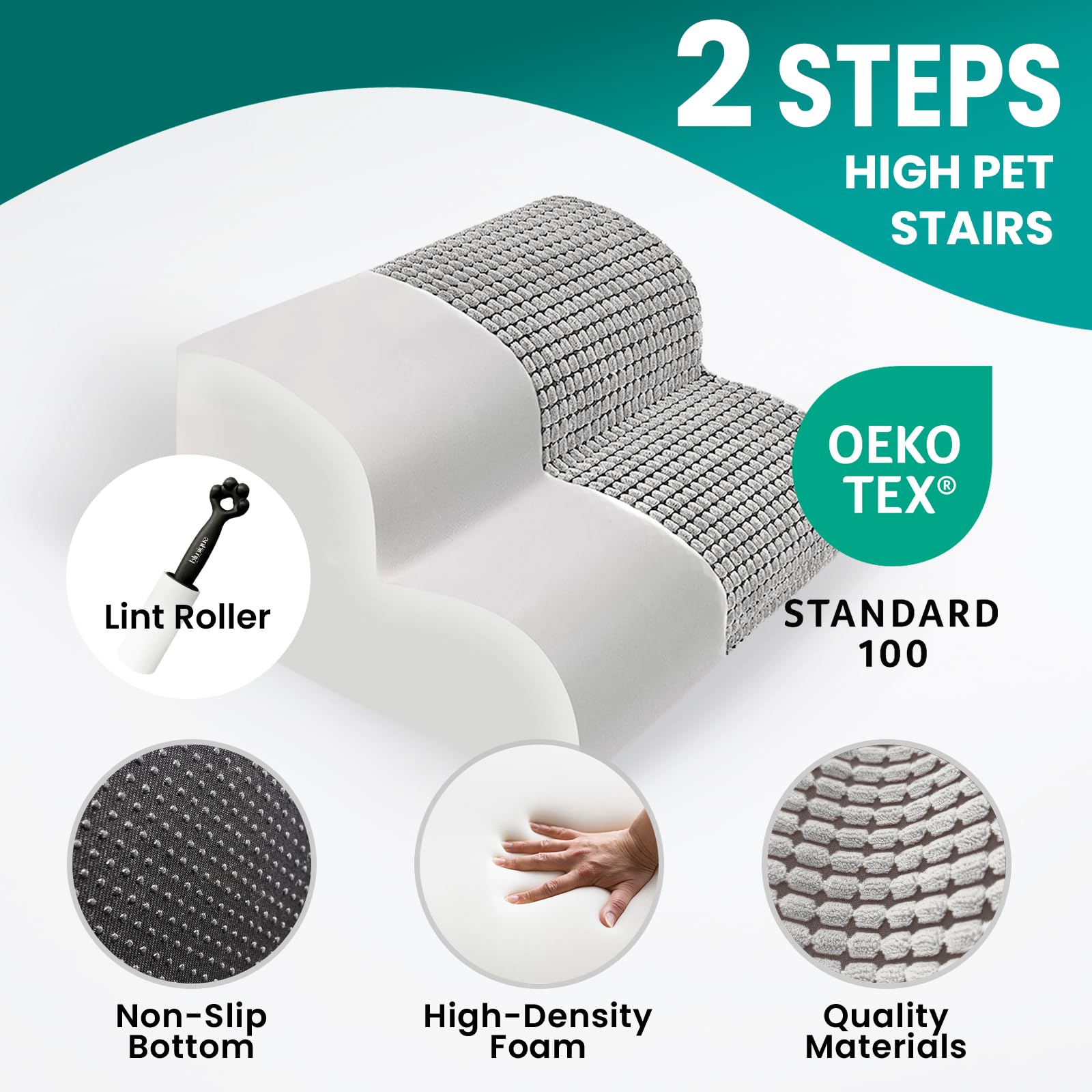 blunique Dog Stairs for Small Dogs, 11.8 in H 2 Step Curved Dog Ramp for Bed and Couch, Foam Dog Ramp with Durable Non-Slip Wate