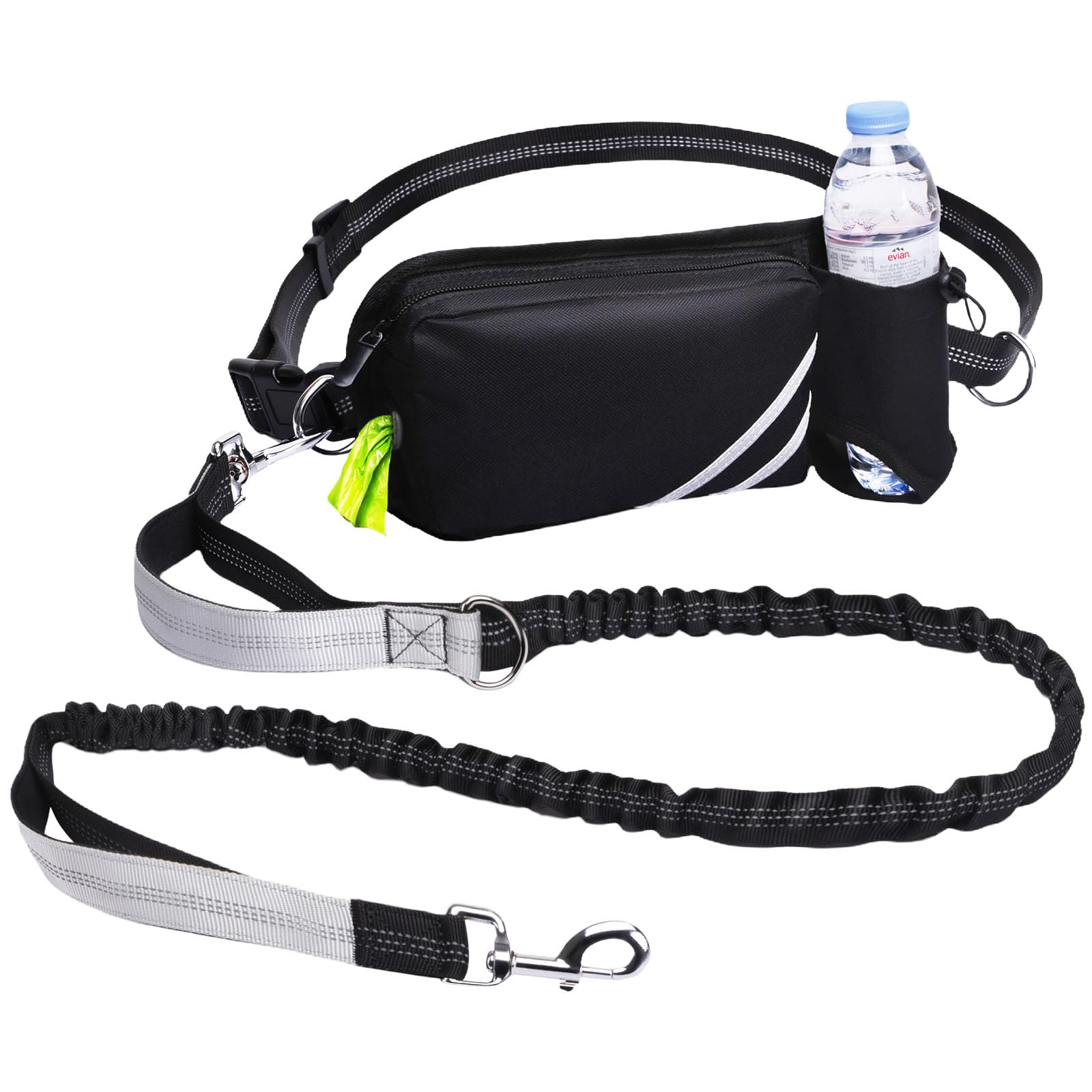 Hands Free Dog Leash With Pouch, Waist Leash For Dog Walking With Water Bottle Holder, Reflective Stitching, Dual Handle, Bungee