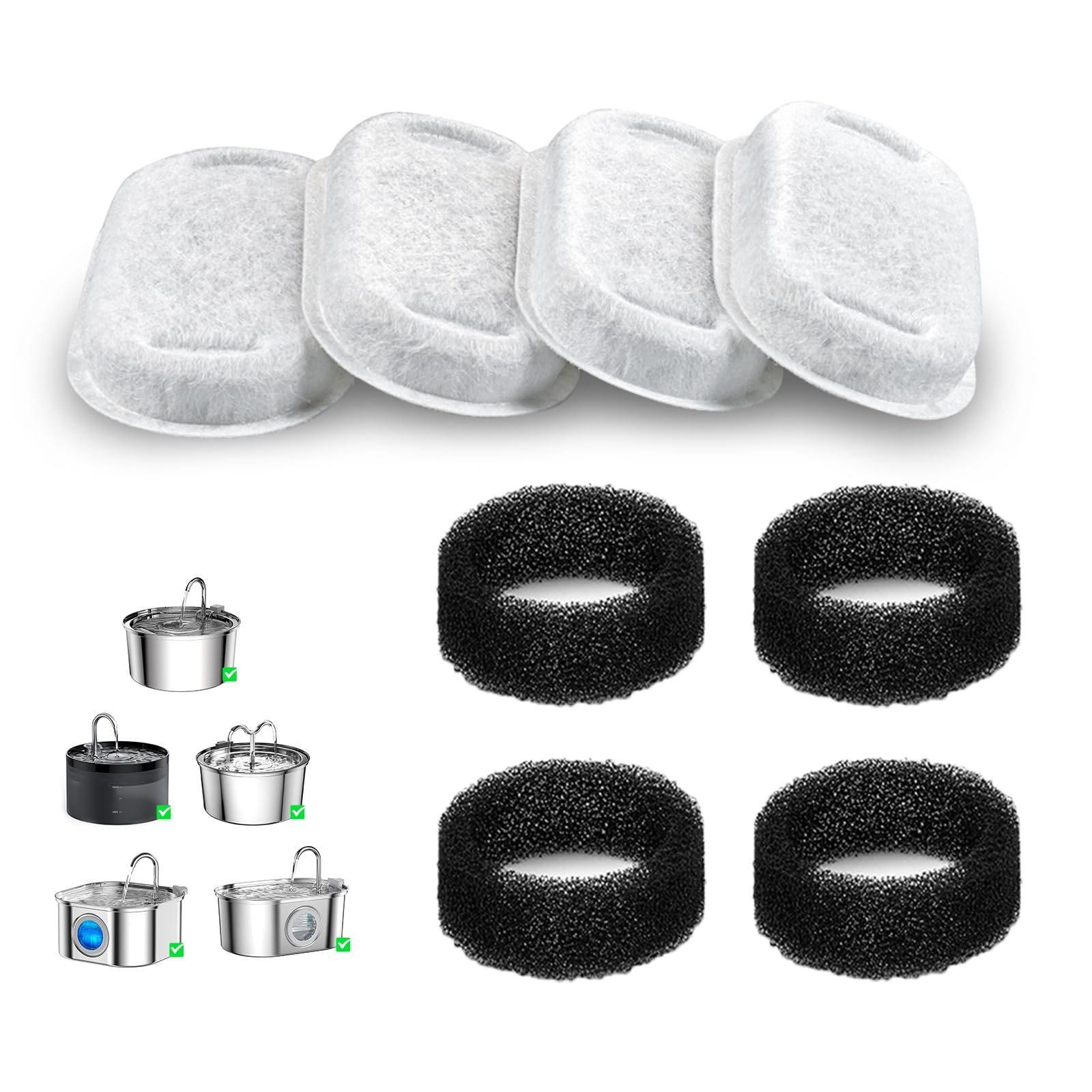 Lawfery Cat Water Fountain Filters (4+4 Pack), For 3.2L/108Oz Stainless Steel And Bento Cat Water Fountains, 4 Carbon Filters & 