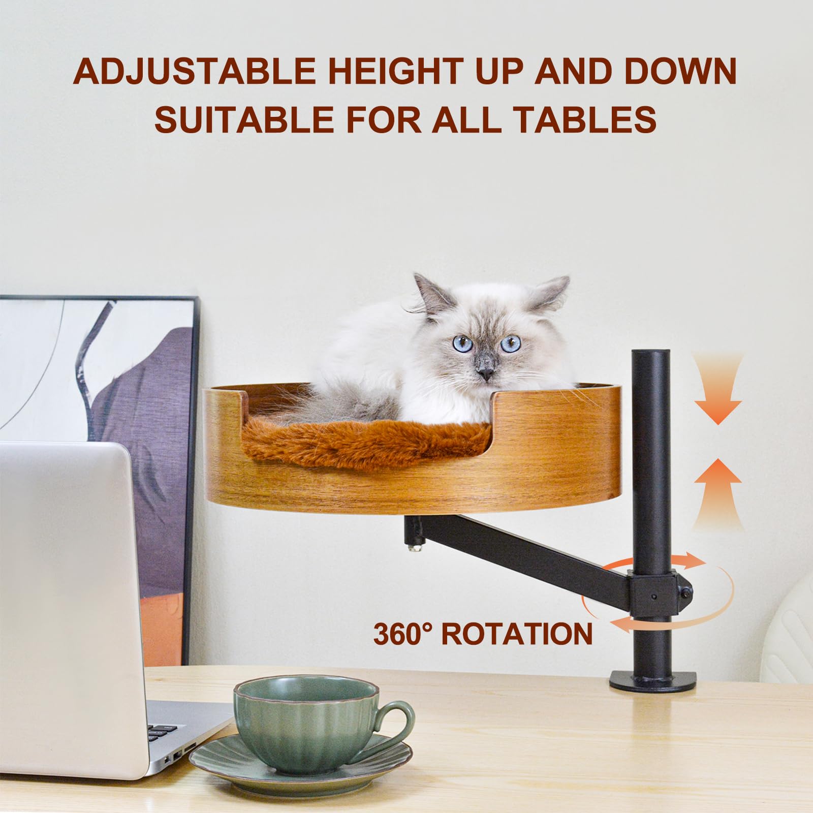 Zbuq Cat Bed Desk With Pet Mat, Cat Hammock For Desk, Cat Bed Desk With Wooden Bowl, 360 Rotation And Adjustable Height, Coffee