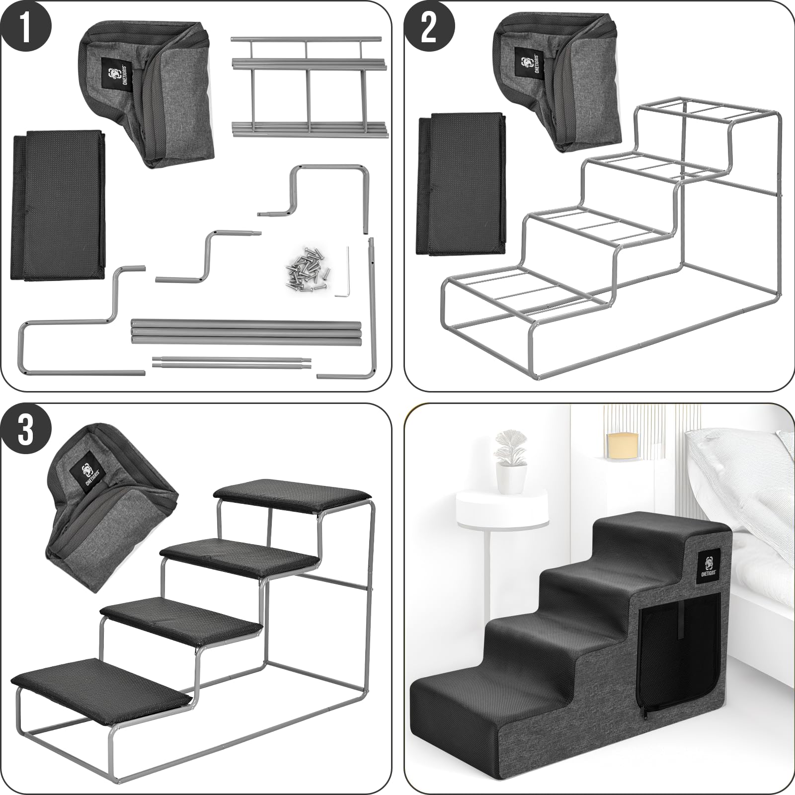 Onetigris Dog Steps For Small Dog, 4-Step Dog Stairs For High Beds And Couch, Non-Slip Pet Stairs For Small Dogs,Dog Bed Stairs,