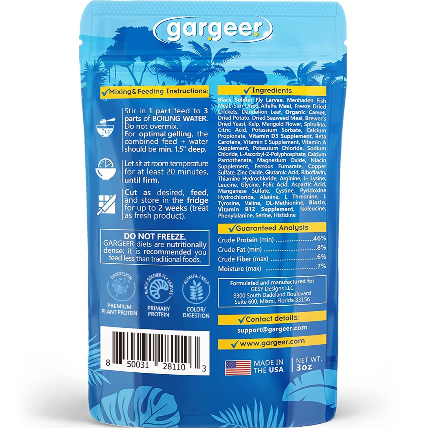 Gargeer 3oz Bearded Dragon Food. Complete Gel Diet for Both Juveniles and Adults. Proudly Made in The USA, Using Premium Ingredi