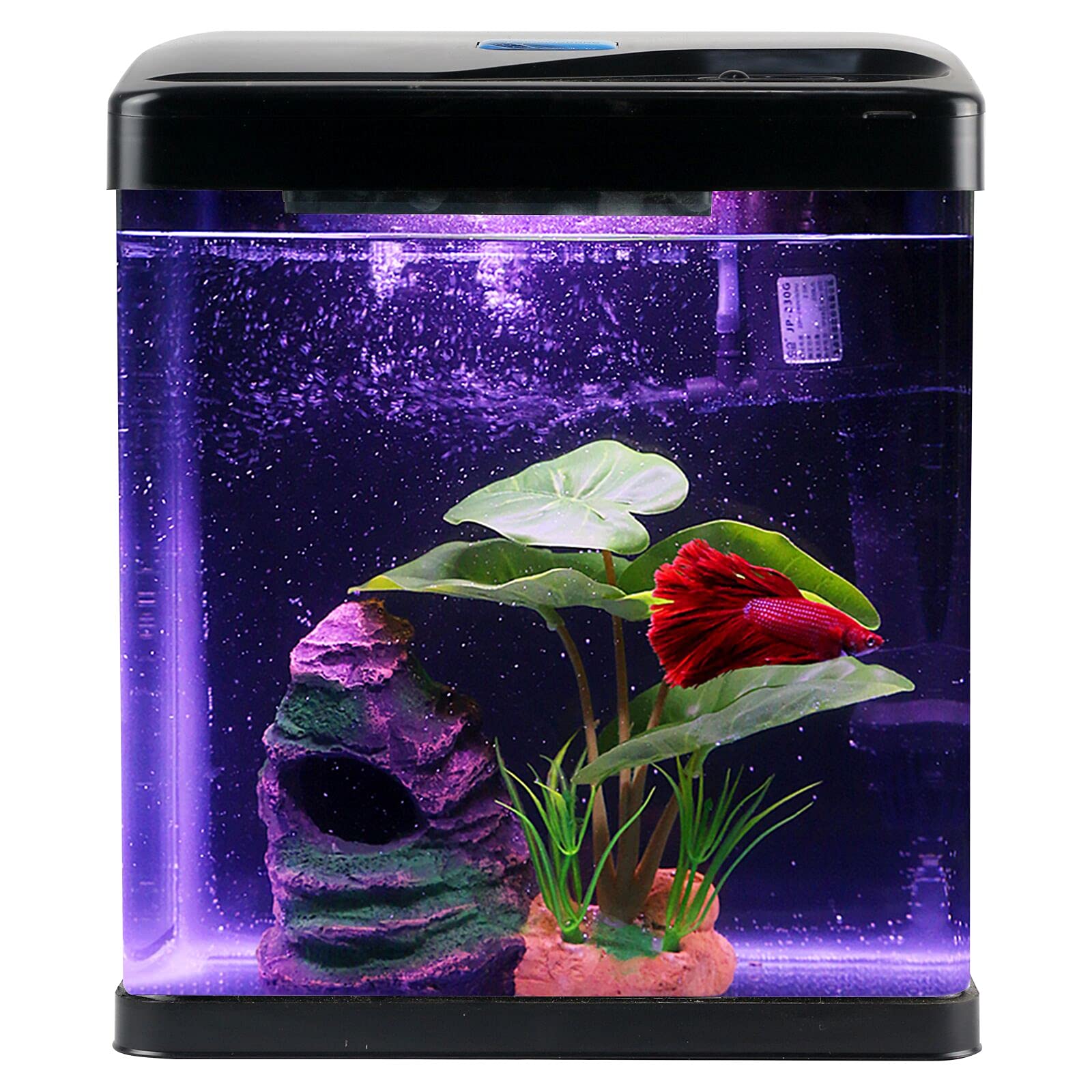 Betta Fish Tank Self Cleaning Glass 2 Gallon Small Nano Aquarium Starter Kits Desktop Room Decor w/LED Light Decorations & Whisp