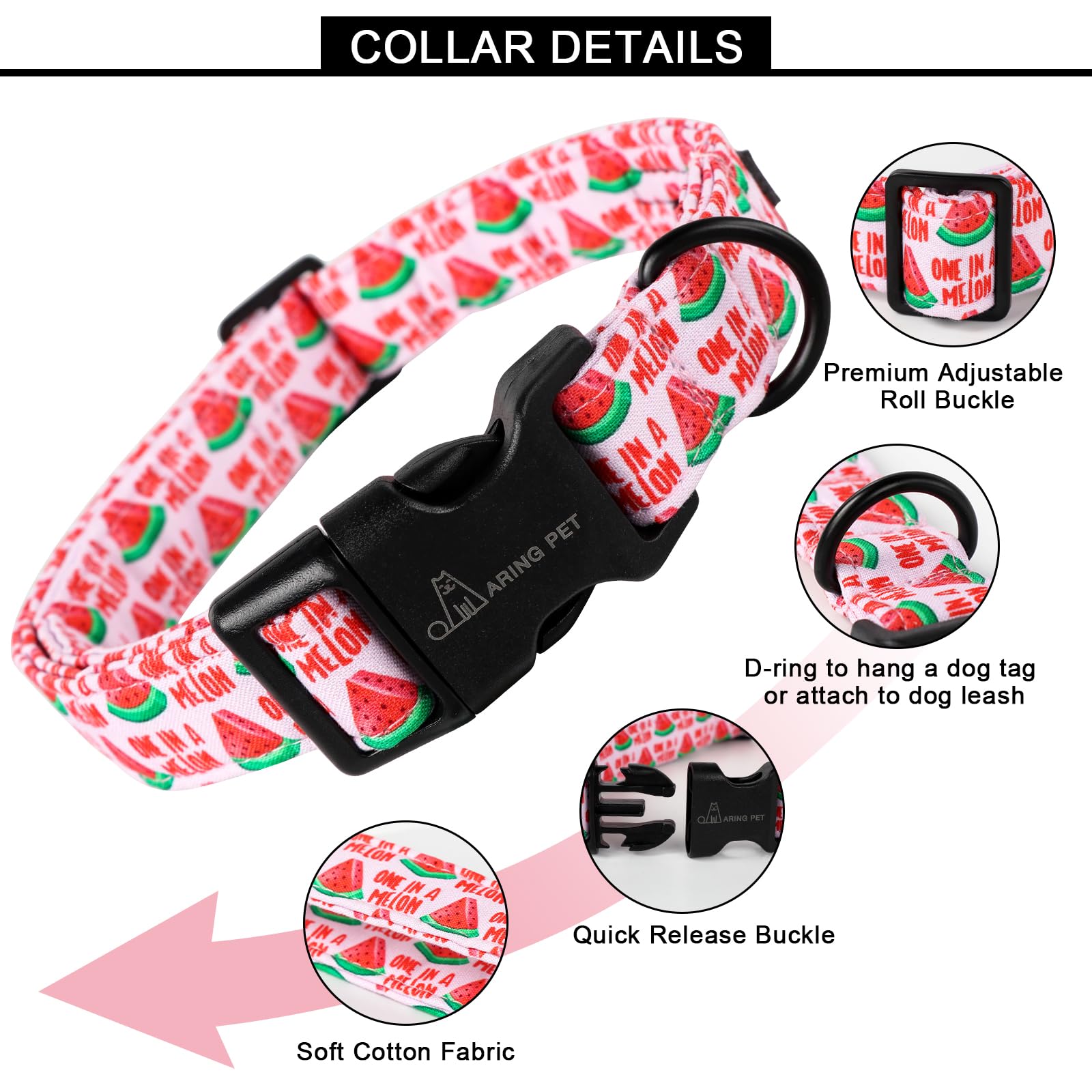 Aring Pet Summer Dog Collar-Cute Watermelon Dog Collar For Small Dogs, Adjustable Soft Cotton Girl Dog Collars For Small Medium Large Dogs, X-Small