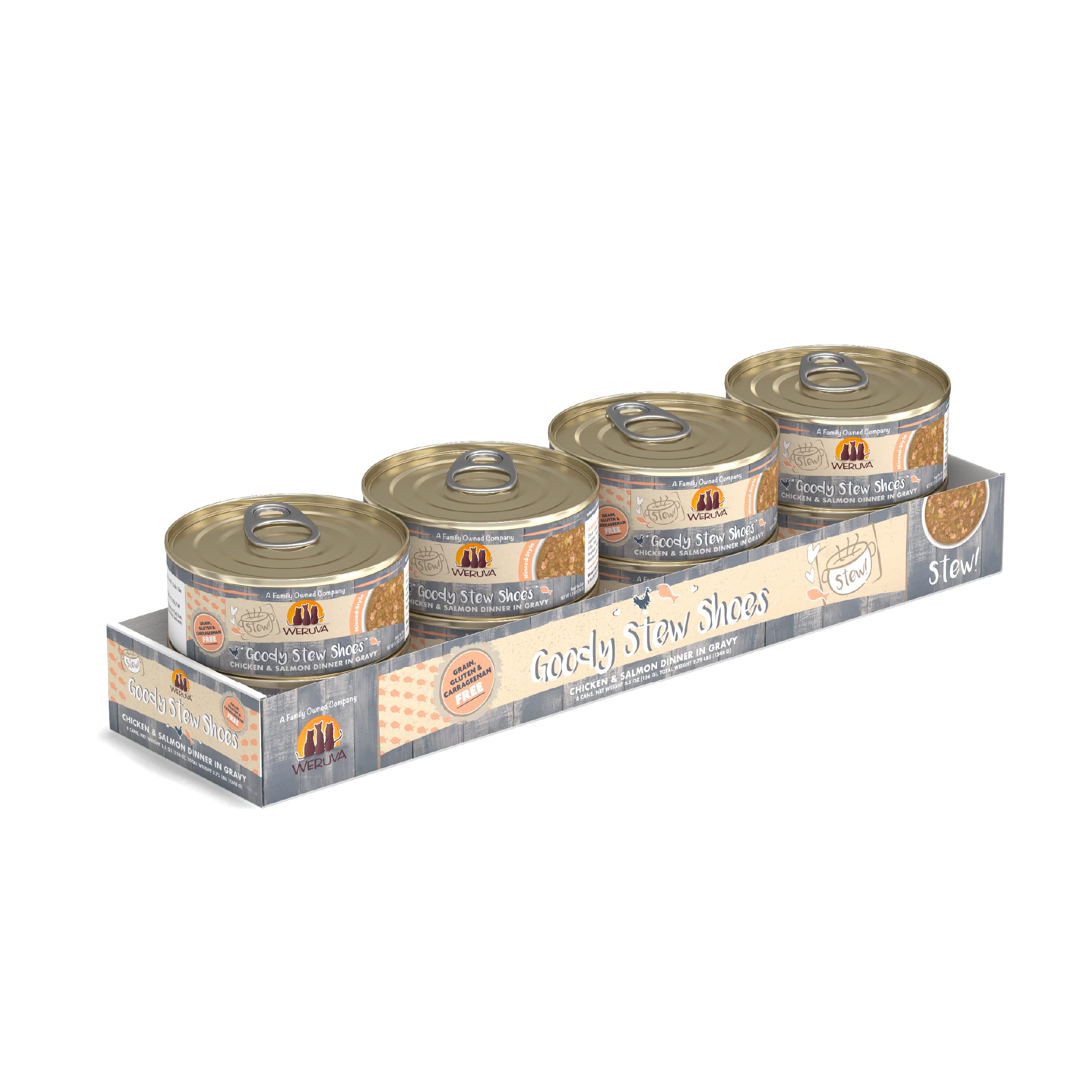 Weruva Classic Cat Stews!, Goody Stew Shoes with Chicken & Salmon in Gravy, 5.5oz Can (Pack of 8)
