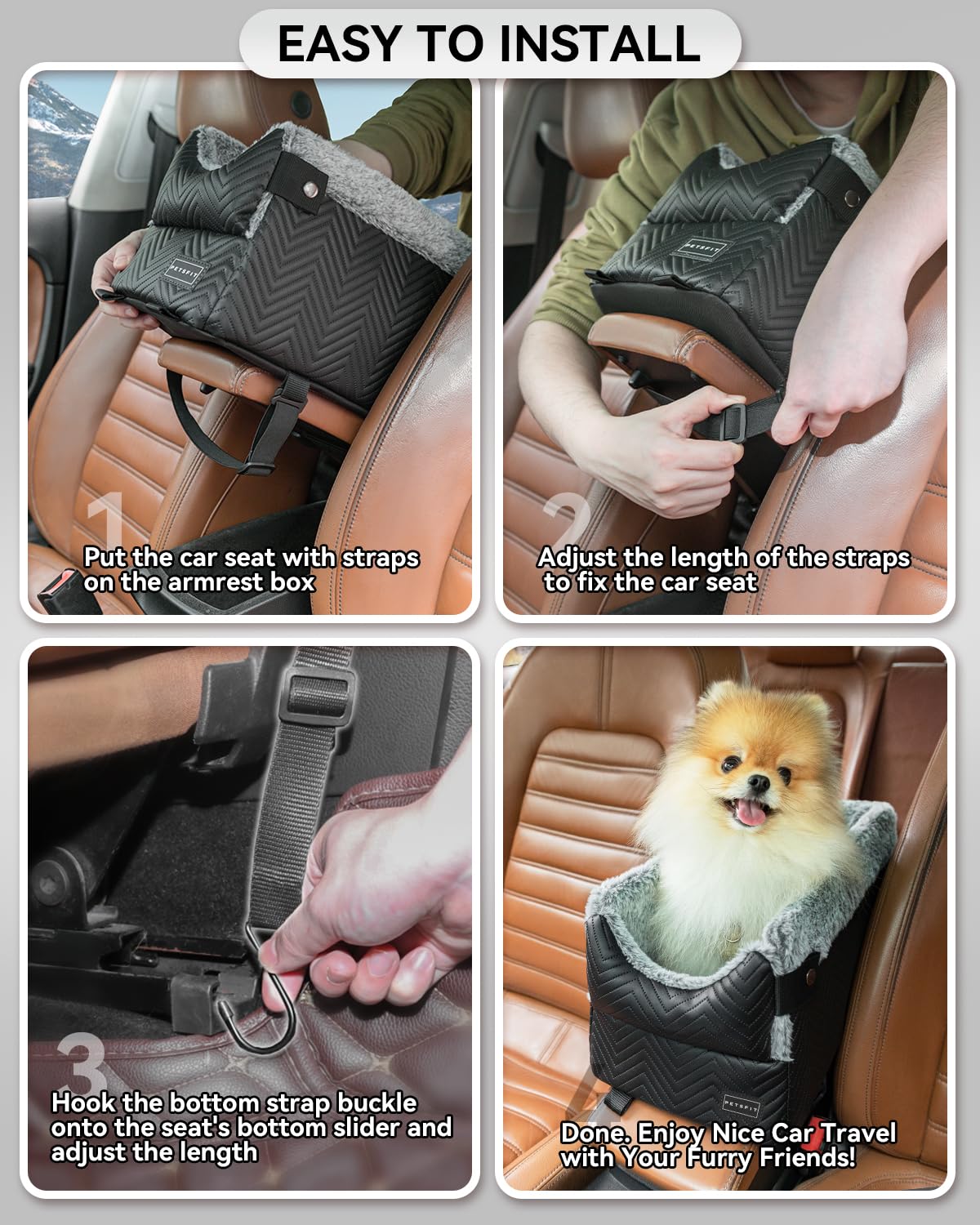 Petsfit Center Console Dog Car Seat With Safe Protection Hooks, Pet Car Seat With Upgraded Safety Tethers, Washable Cushion, Console Dog Car Seats For Small Dogs Up To 9 Lbs(Black)