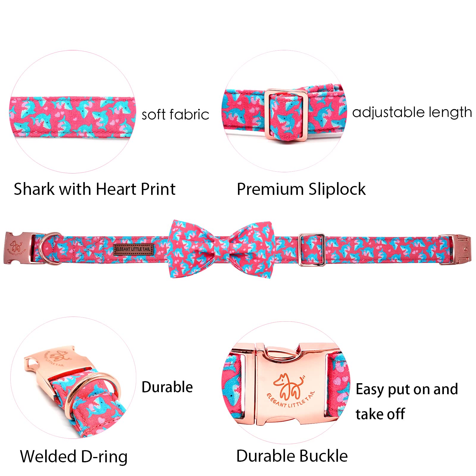 Elegant Little Tail Mother'S Day Heart Dog Collar With Bow, Cute Pink Small Dog Collar, Adjustable, Durable Cotton Construction,