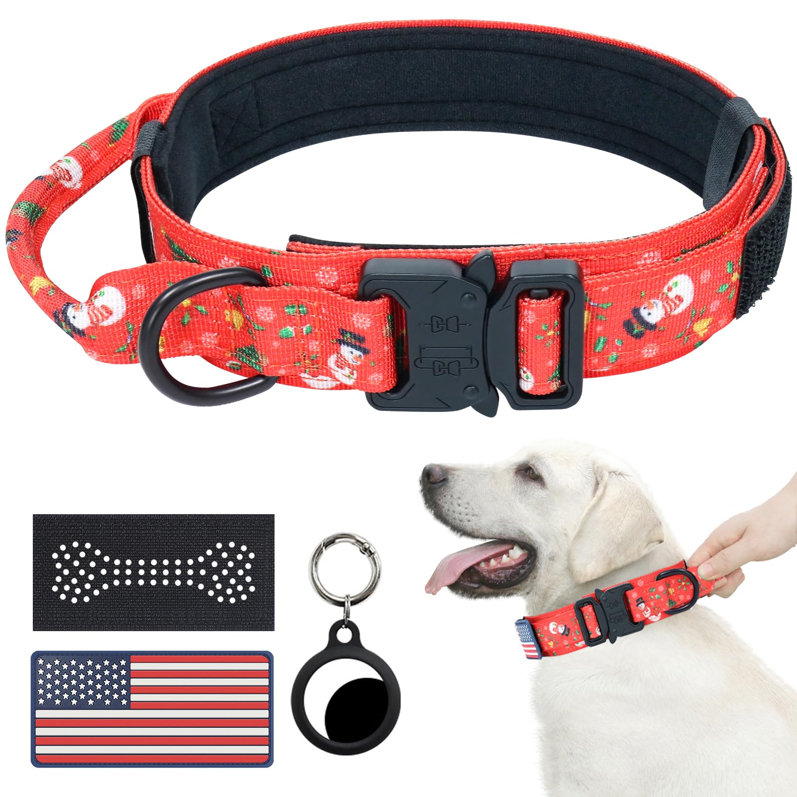 Hotsky Christmas Tactical Dog Collar, Adjustable Military Training Xmas Dog Collar With Handle And Have Duty Metal Buckle For Medium Large Dogs, With Airtag Holder And 2 Patches(L, Christmas Red)